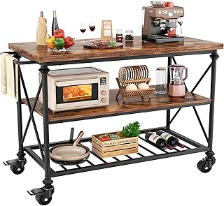 Homieasy Kitchen Island Cart with Wheels, 3-Tier Wood and Metal Rolling Kitchen Island Table with Pipe Legs, Storage Shelves & Lockable Casters for Kitchen Dining Room, Rustic Brown