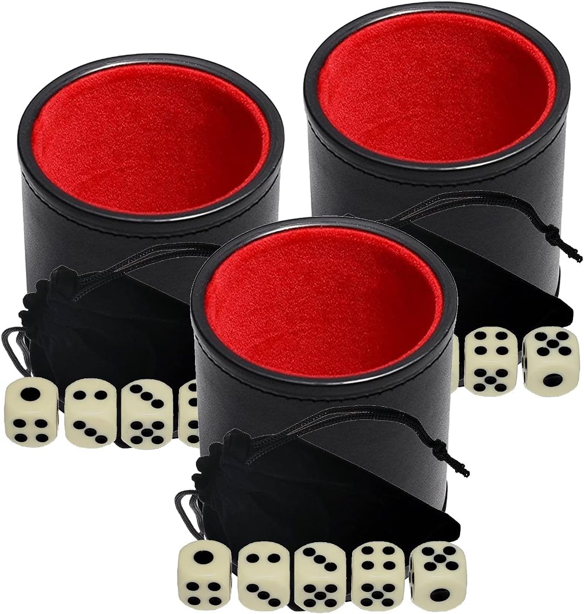 Cyber-Deals Black PU Leather Red Felt Lined Dice Cup with 15mm Ivory Tone Pip Dice Plus Storage Pouch Set (3 Sets)