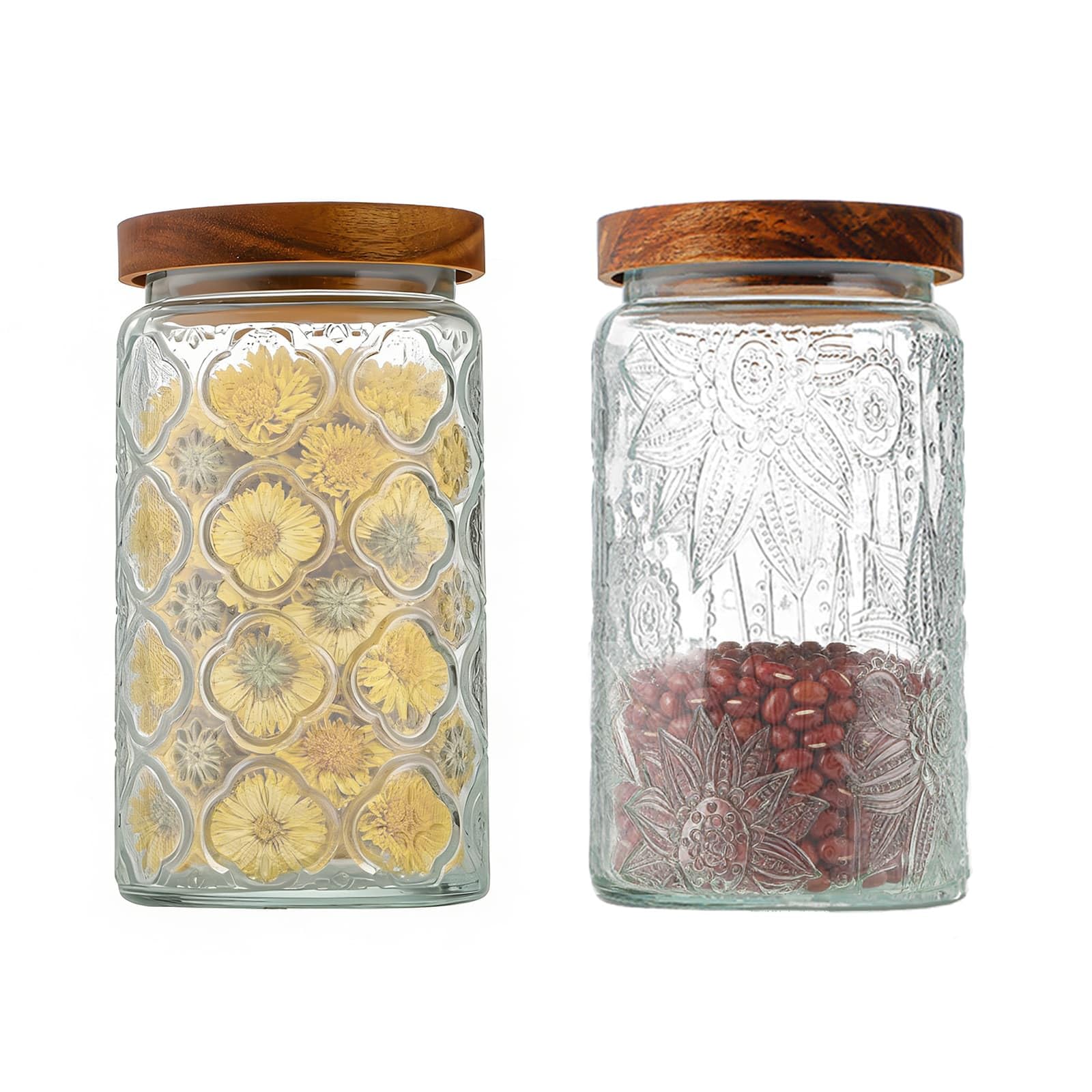 Glass Pickle Jar with Airtight Acacia Wood Lid 1000Ml Vintage Glass Kitchen Storage Counter Sealed Jar 35Oz Decorative Food Storage Containers for Candy Flour Oats Coffee Bean (Begonia + Sunflower)