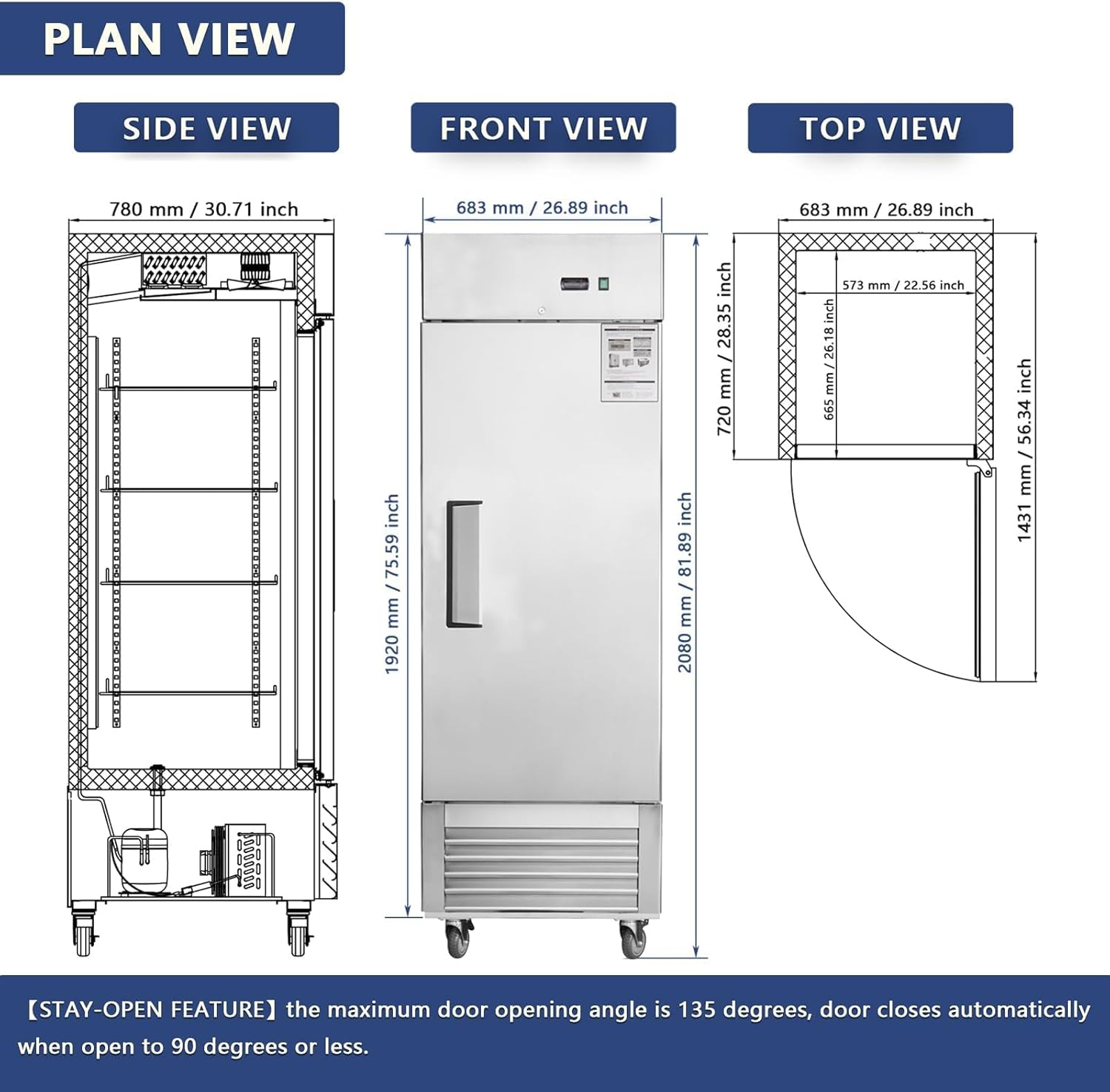 27" Commercial Freezer, 19 Cu.Ft Upright Freezer with 1 Solid Door, Stainless Steel Reach-in Freezer, -8℉ ~ -2℉, Fan Cooling Freezer with 3 Shelves for Restaurant Bar Garage, ETL and DOE Approved