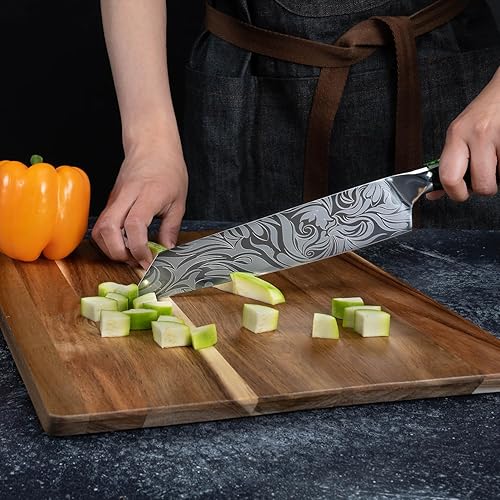 Miniatura 8 de SENKEN - Cuchillo japonés de 7 pulgadas con mango de resina verde esmeralda, Nakiri japonés grabado para el hogar y profesionales, hoja de acero