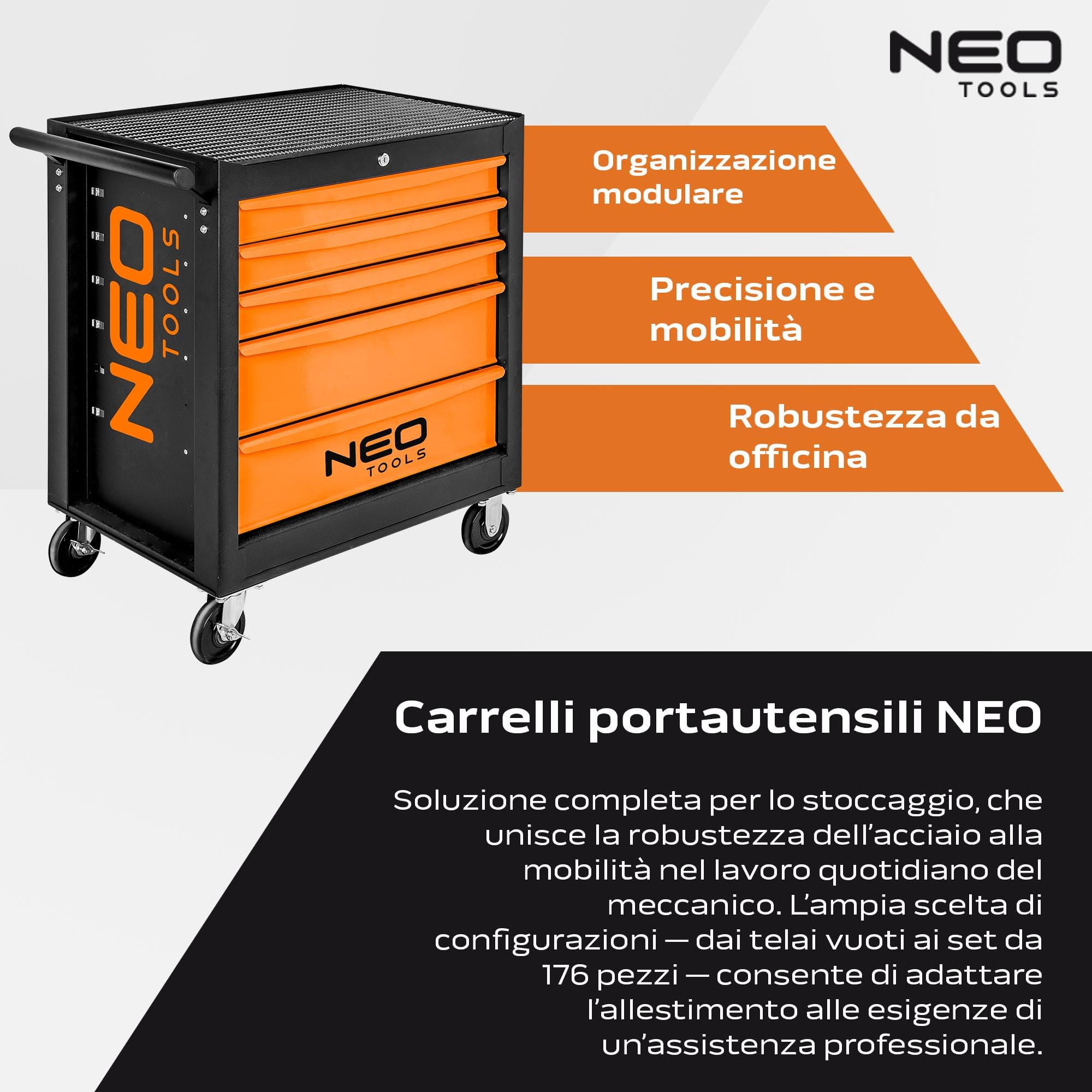 NEO TOOLS Carrello da officina con 5 scomparti – Cassetti con cuscinetti a sfera – Chiusura centralizzata – Tappetino antiscivolo – Ruote girevoli – con freno di stazionamento – Carrello portautensili