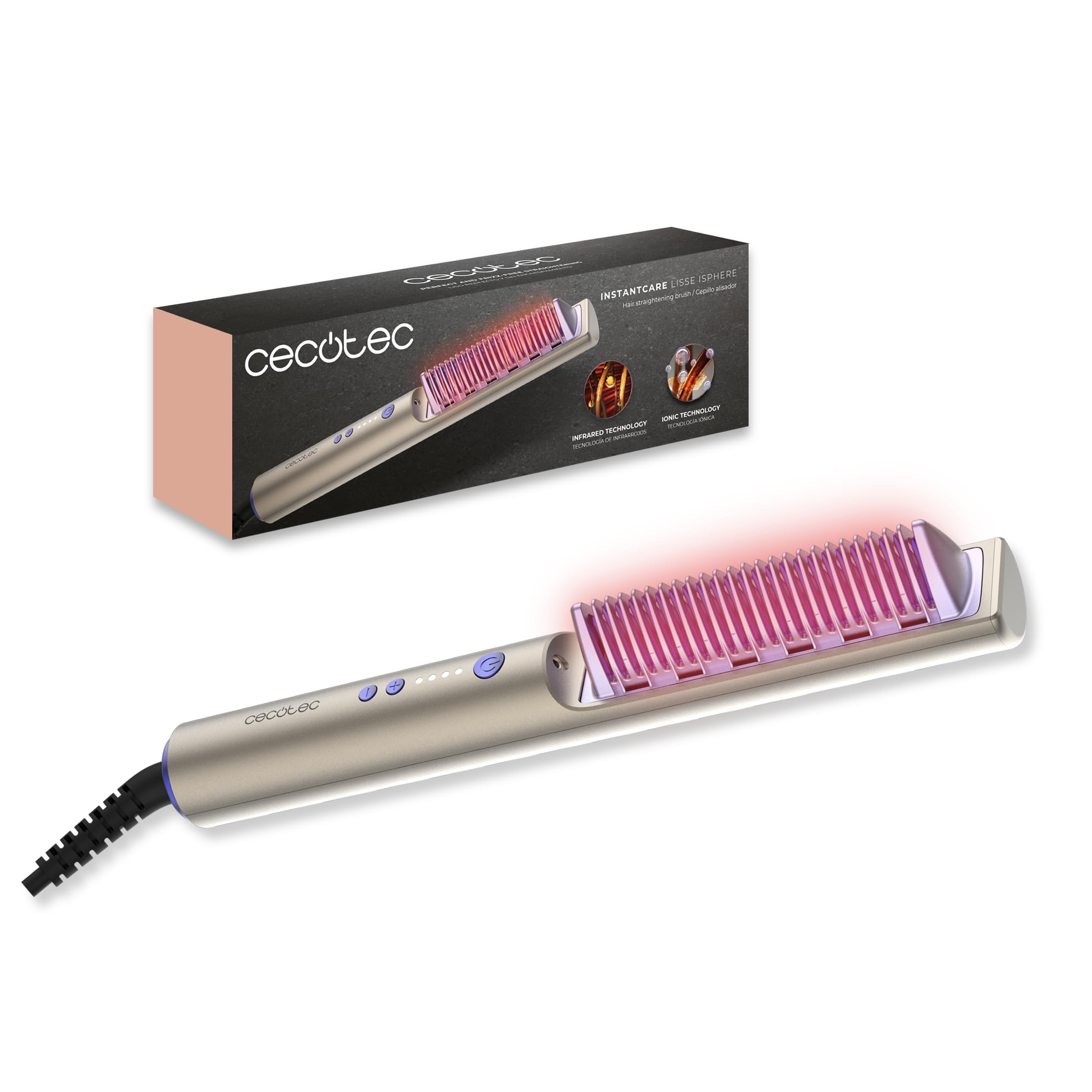 Cecotec Cepillo Alisador con Infrarrojos e Iones InstantCare Lisse iSphere. 3 Ajustes de Temperatura 140º-170ºC-200ºC, Función Memoria, Bloqueo de Temperatura, Indicadores LED