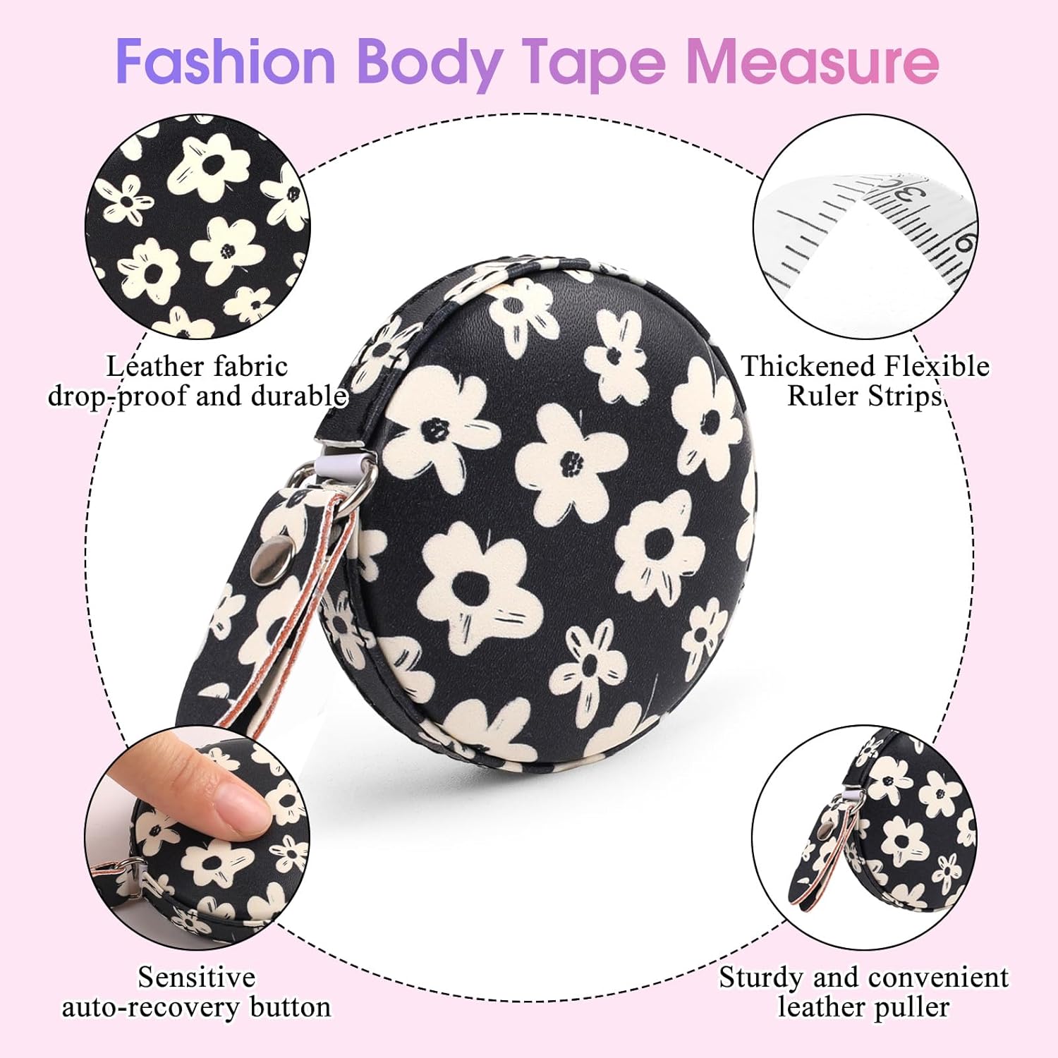 Retractable Mini Tape Measure, Auto-Retract, Premium Leather Tape Measure, Dual-Sided Ruler, Ideal for Fabric Cutting, Body Measurements, and Handicrafts (White Flowers)