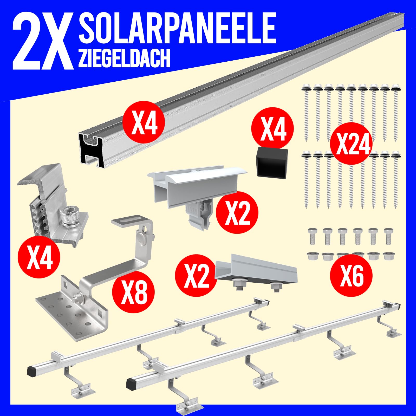 SET 2x PV-Module 35mm, PV, Photovoltaik, Aufständerung, Dachhalterung, Befestigung, Halter, Halterung, Solar, Solarmodul, Solarpanel, PV Halter, Ziegeldach, 8X DACHHAKEN!, 25-40mm