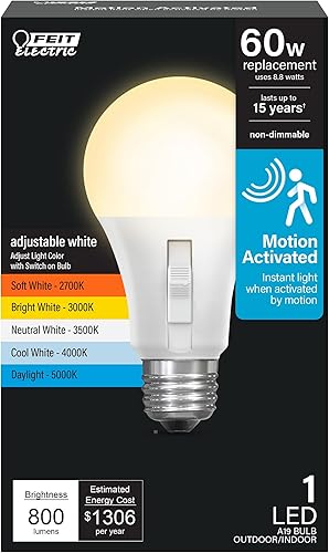 Bombilla LED con sensor de movimiento Feit Electric, A19 equivalente a 60 W, 5CCT, no regulable, base media E26, CRI 90, 800 lúmenes, blanco
