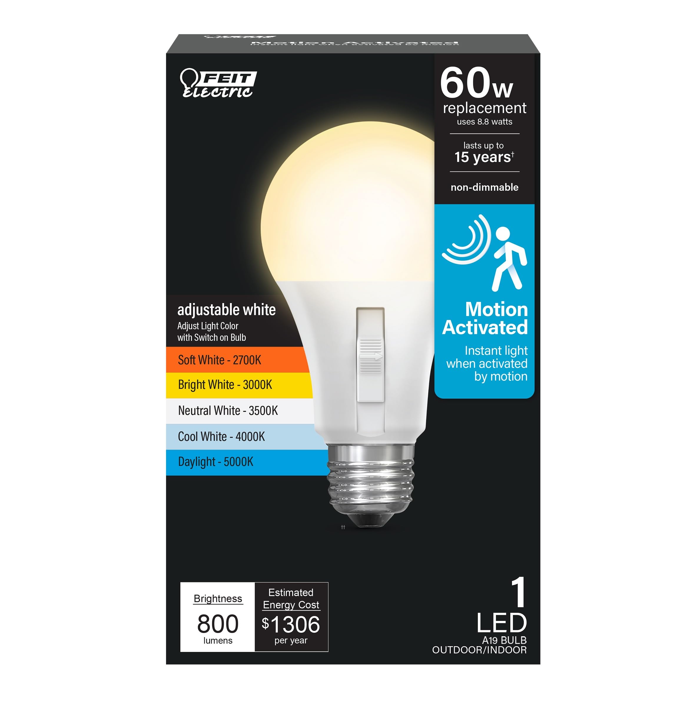 Feit ElectricAdjustable White, 800 Lumens, 90+ CRI, 8.8W, 17,000-Hour Lifetime, Indoor/Outdoor Security and Porch Lighting A19 LED Motion Sensor Light Bulb, 60W Eq, 5CCT, E26 Base