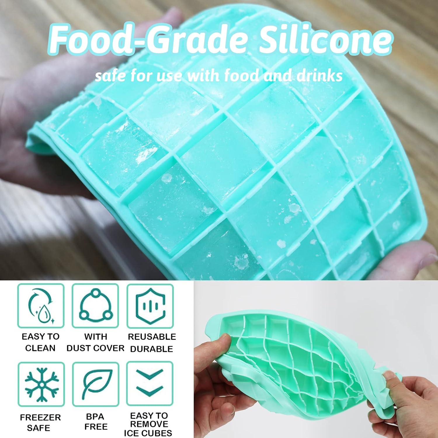 FADIKX Ice Cube Tray With Lid and Bin,36 Nugget Food-grade Silicone Ice Tray,Flexible Ice Cube Molds Comes with Ice Container, Scoop,Ice Tongs Silicone Funnel and Cover (Green, 2 * 36 cubes suits)