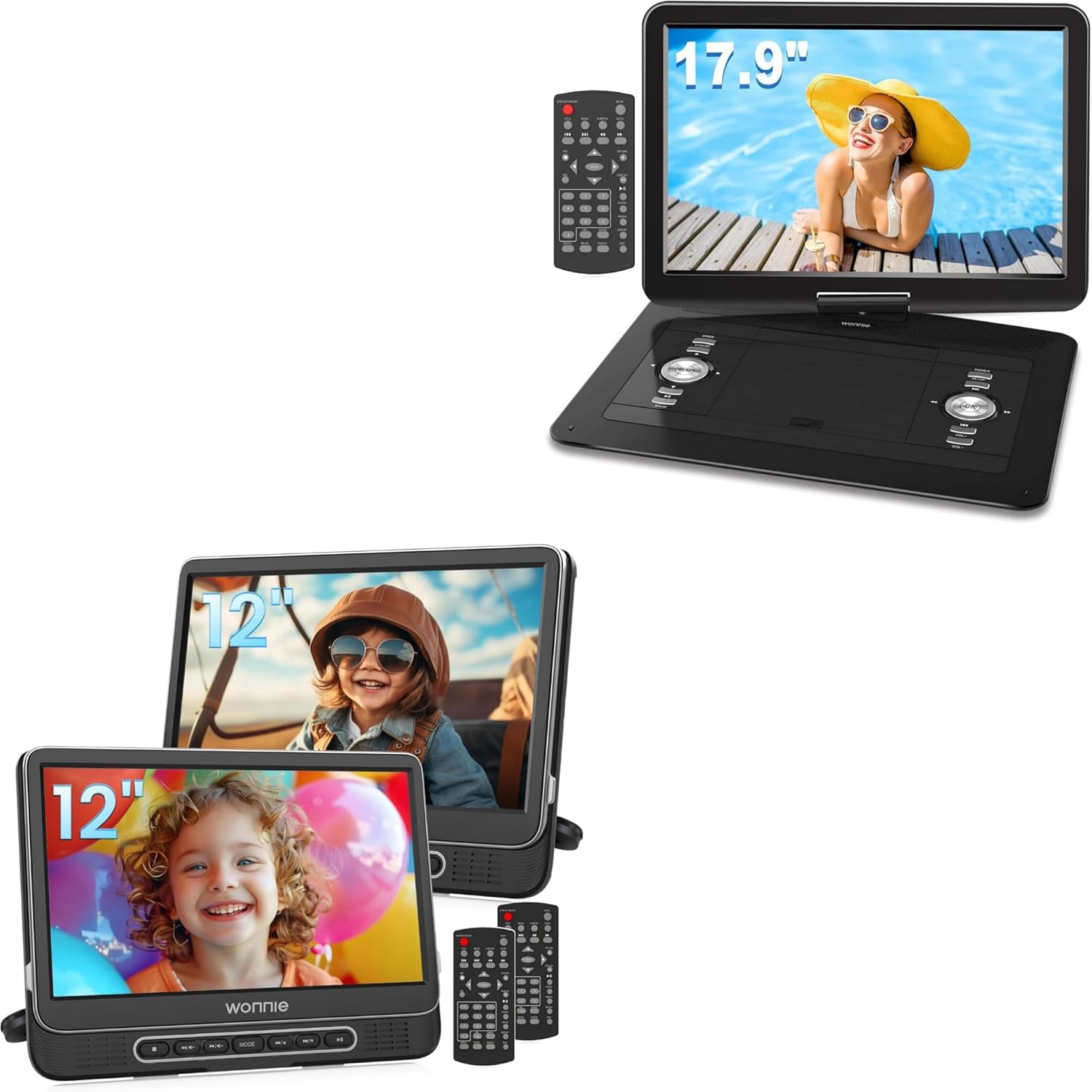 WONNIE 12" Dual Car DVD Players and 17.9" Large Portable DVD/CD Player with 15.4" Swivel Screen Bundle
