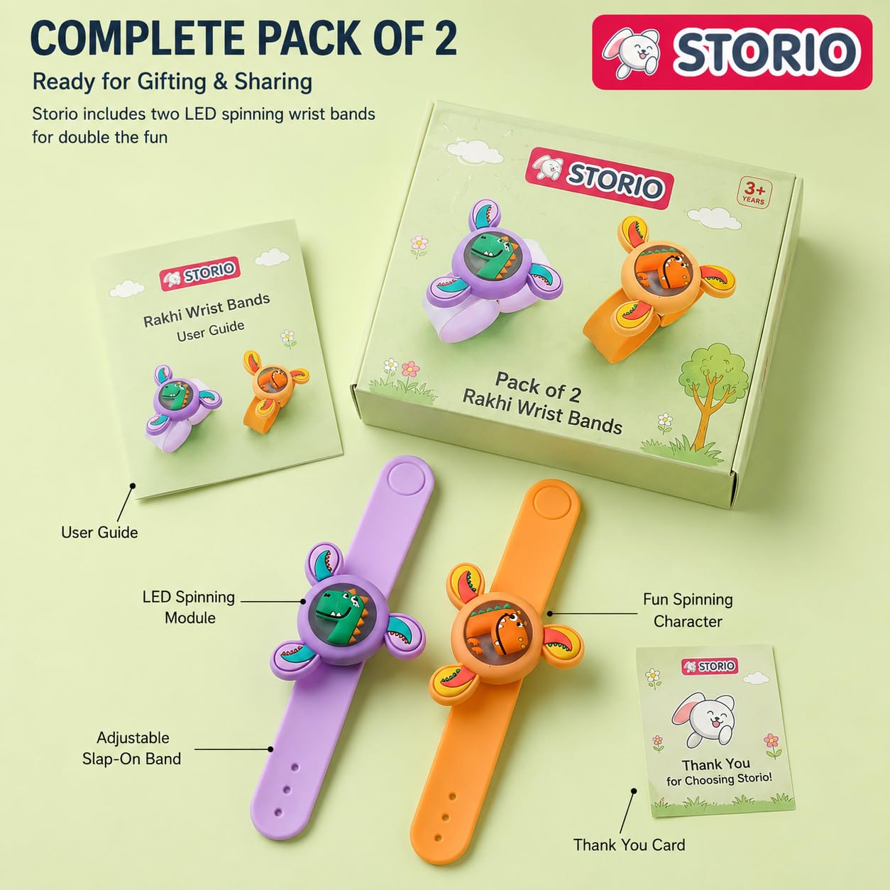 Storio Pack of 2 Rakhi for Brother Kids | Wrist Band for Boys and Girls Spinning Slap Band Cute Cartoon Bracelet Wrist Band with LED Light Up, Great Birthday Return Gift Toys for Kids Boys Girls 2