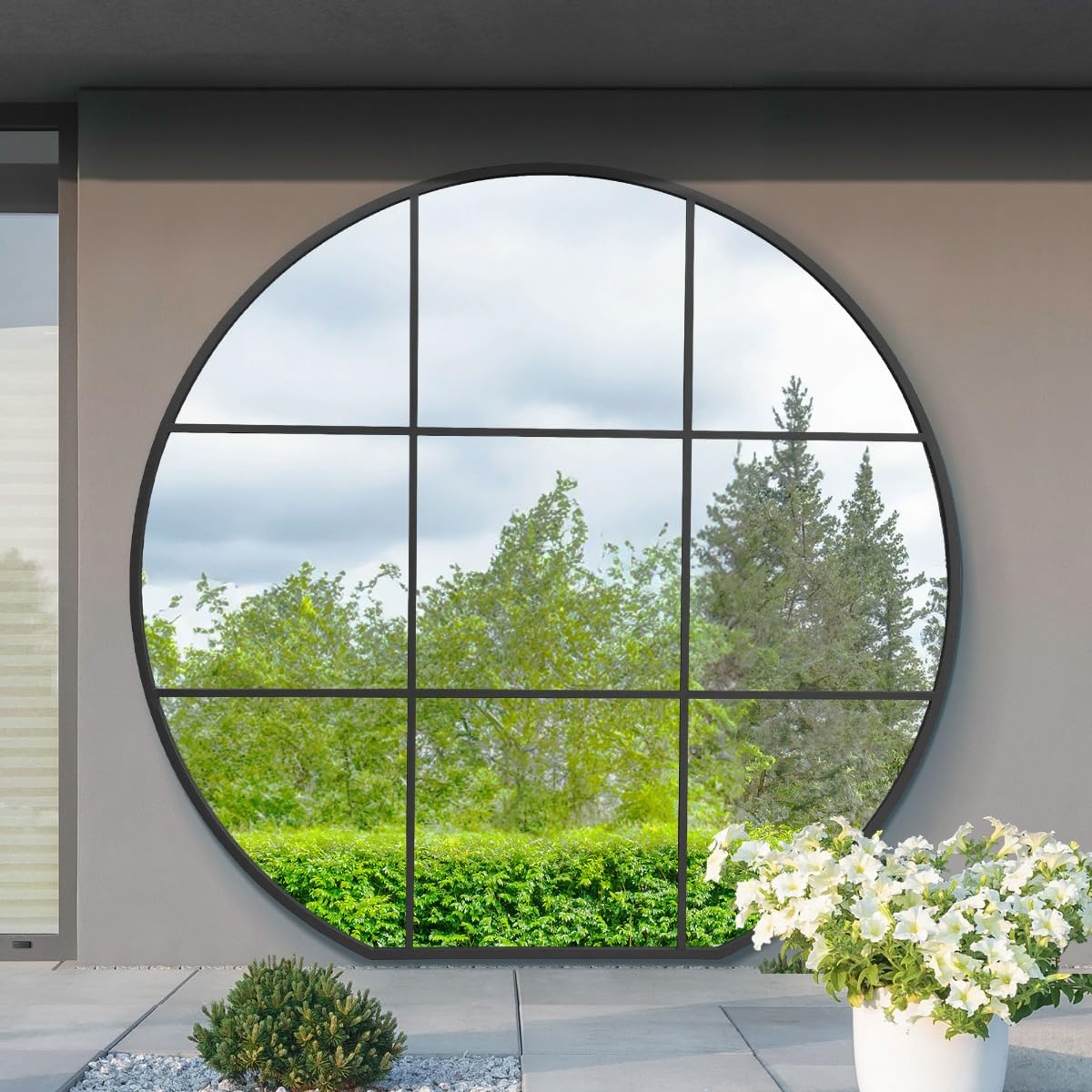 MirrorOutlet The Circulus - Black Flat Bottom Framed Outdoor Garden Wall Window Mirror 74" X 71" (189CM X 180CM) Extra Large & Full Length