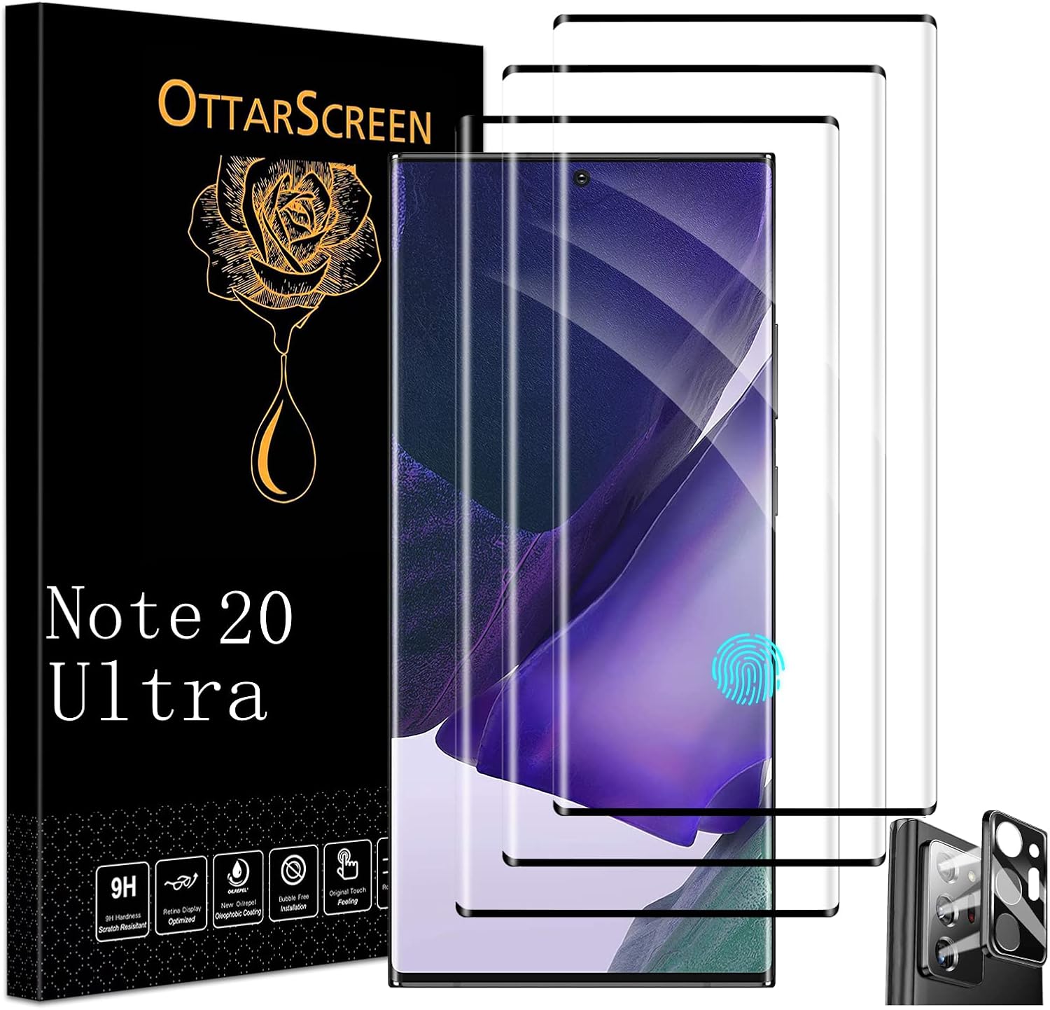        OttarScreen Galaxy Note 20 Ultra Screen Protector, 3 Pack Tempered Glass Screen Protector【3+1 Pack】With 1 Pack Tempered Glass Camera Lens Protector [3D Glass] 9H Hardness Tempered Glass Screen