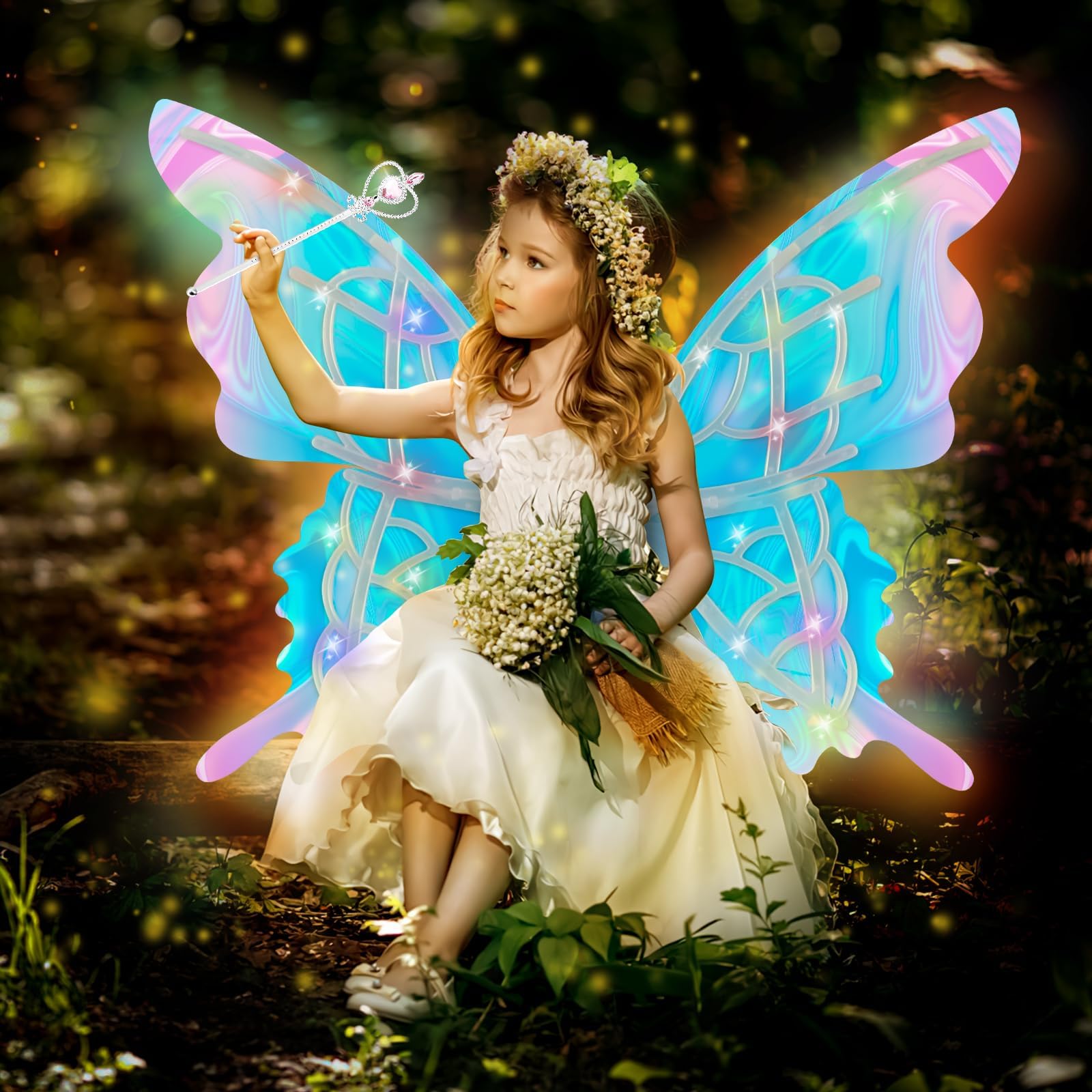 deAO Fairy Wings and Halo, Wand, Electric Butterfly Wings for Kids, Light up Wings with Musical, Glowing Toys, Angel Fairy Princess Costumes, Fancy Dress-up, Cosplay, Christmas Birthdays