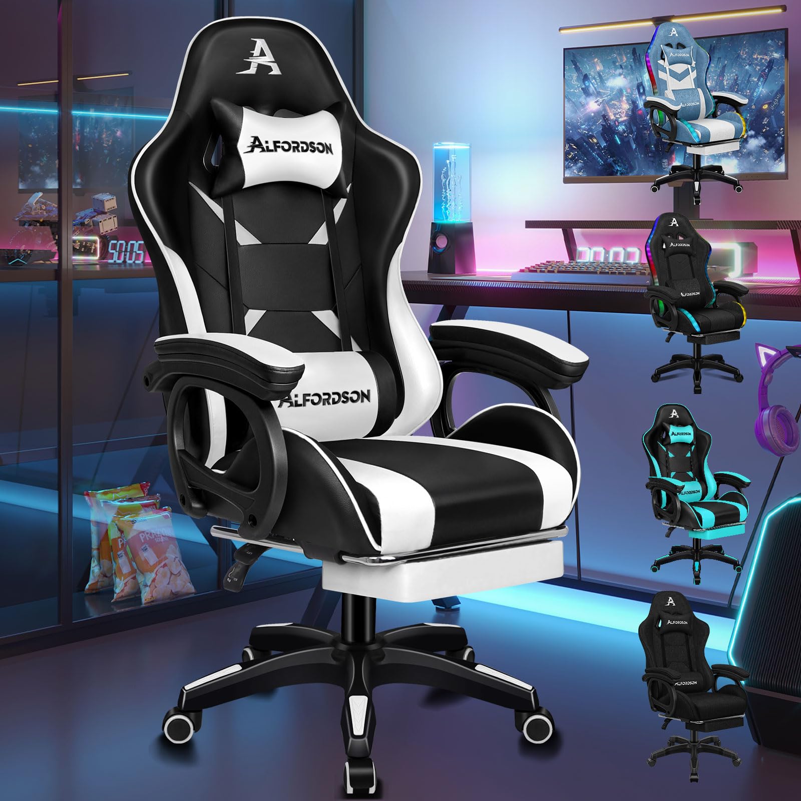 ALFORDSON Silla Gaming, Silla Gamer de Carreras con Masaje de 2 Puntos para Gaming, Silla ergonómica para computadora con cojín Lumbar y Altura Ajustable, Cuero sintético, Blanco