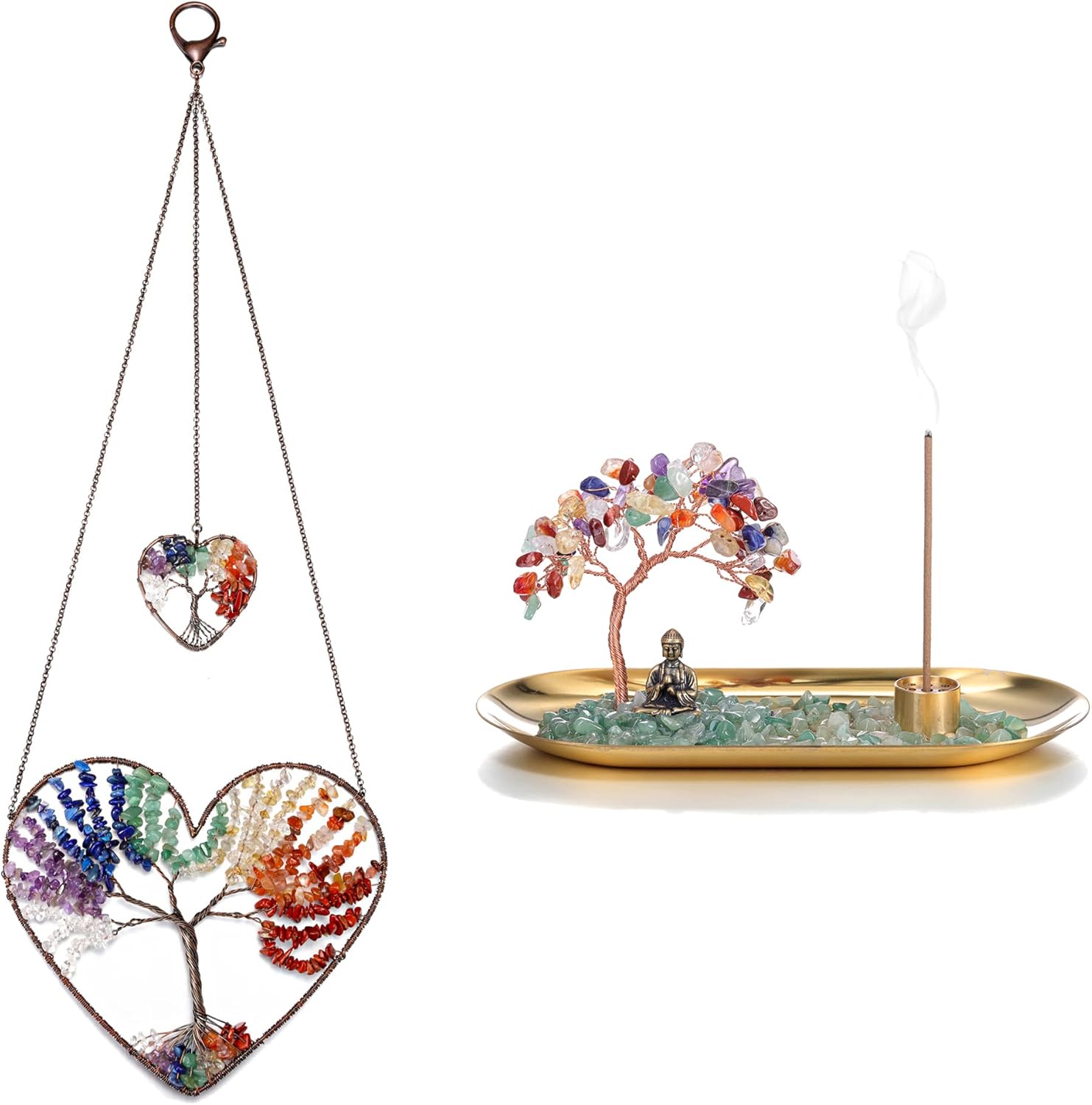 Jovivi Bundle - 2 Items 7 Chakra Double Heart Tree of Life Hanging Ornament + Crystal Incense Holder for Sticks, Healing Crystal Stone Money Tree Buddha Statue Set Incense Burner