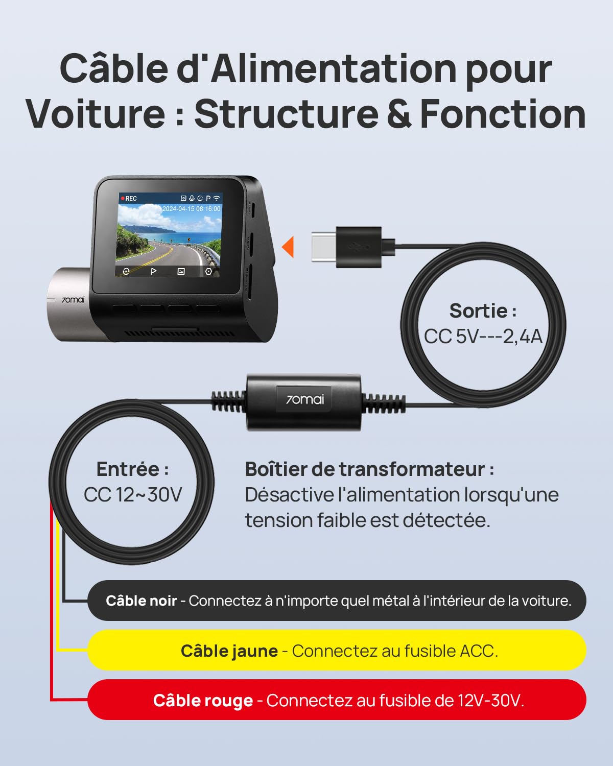 【70mai Dashcam M310 Plus 3K+ Kit de Câblage UP03】