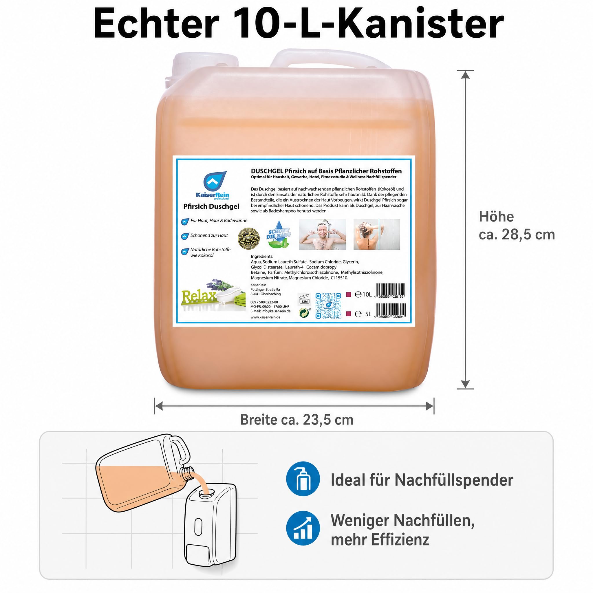 KaiserRein Duschgel Pfirsich, 10 L Kanister – 3-in-1 für Körper, Haare & Bad, Großpackung/Nachfüllpack für Duschgelspender, pH-neutral, vegan, mikroplastikfrei, paraben- & EDTA-frei