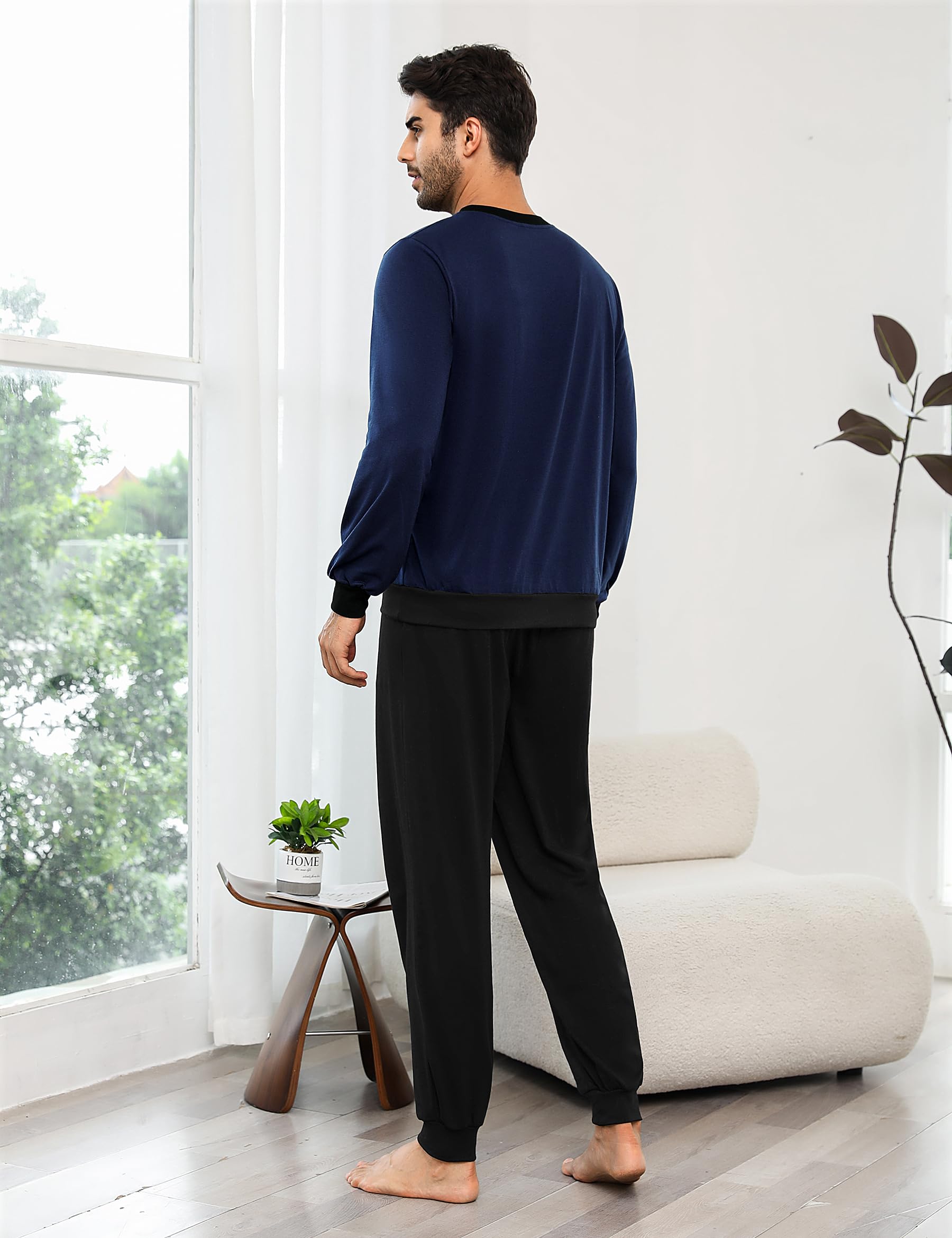 Bresdk Schlafanzug Herren Pyjama Set Lang Baumwolle mit Bündchen Knöpfen Nachtwäsche für Männer