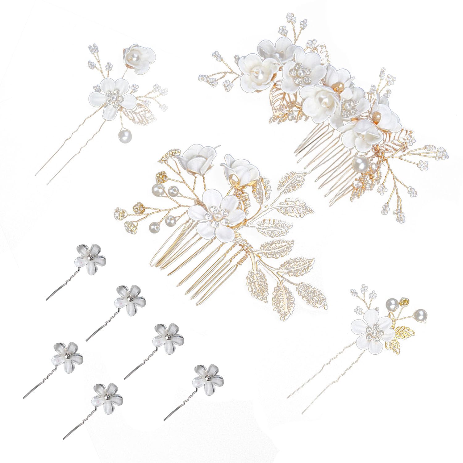 Juego de peluquería de novia blanca, 4 piezas con 6 horquillas blancas para el pelo, accesorios de boda, peines para el pelo de novia, horquillas florales para el pelo, joyería
