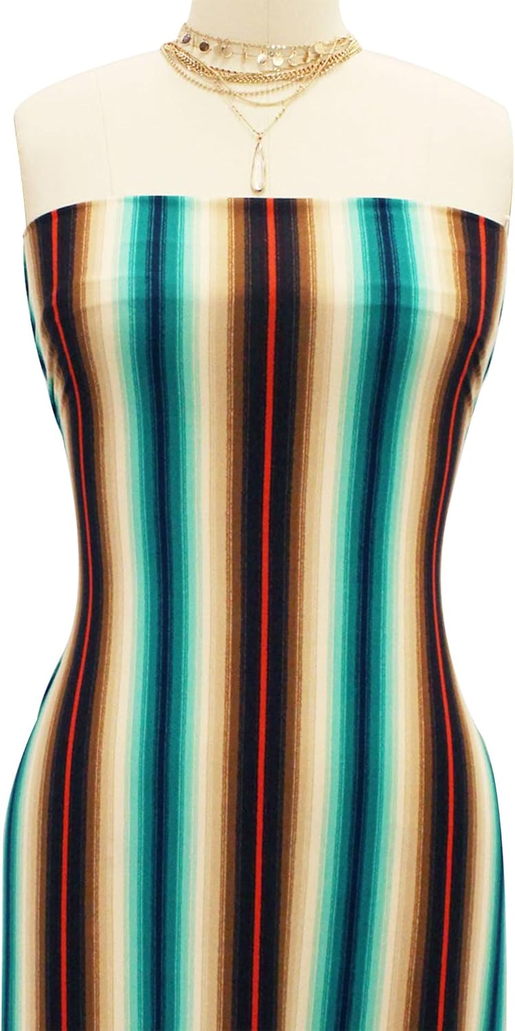 Brown Turquoise Flame Vertical Stripes Pattern on Double-Sided Brushed DTY Stretch by The Yard