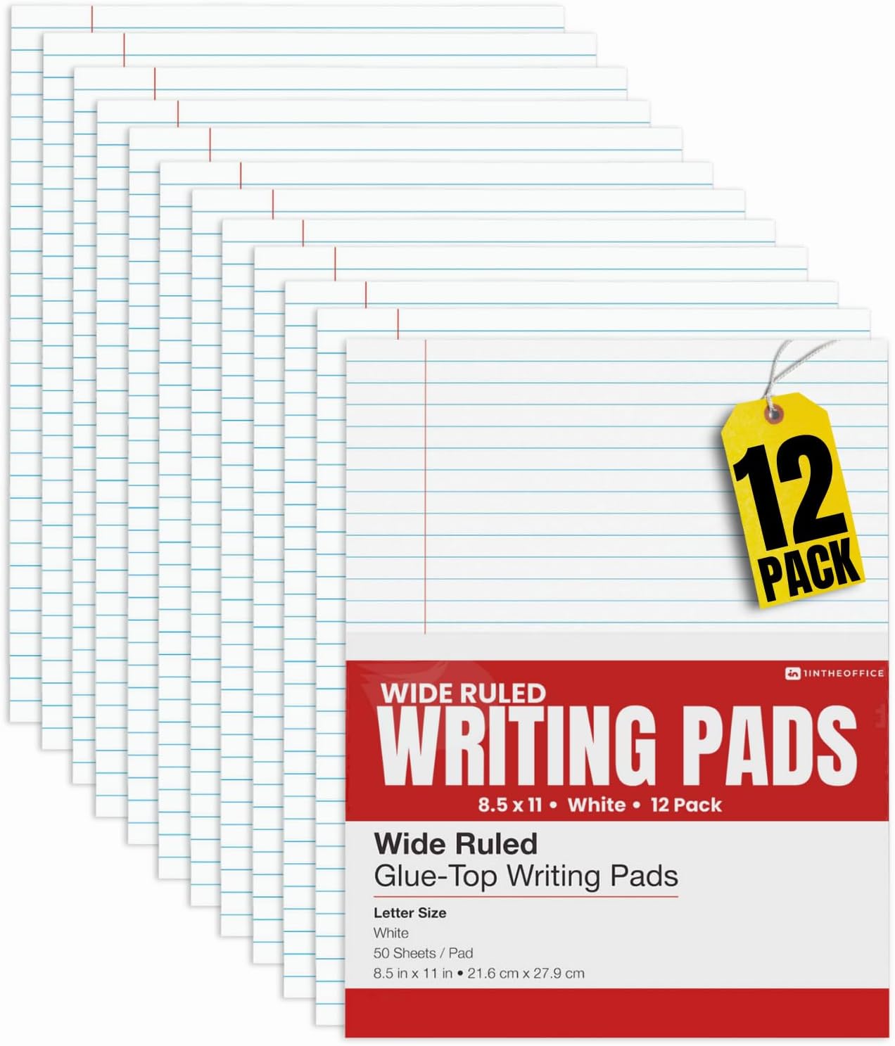 1InTheOffice Legal Rule Writing Pad Wide Ruled 8.5 x 11, Glue Top Writing Pad, Legal Notepad, Letter Size, 50 Sheets per Notepads (12 Pack)