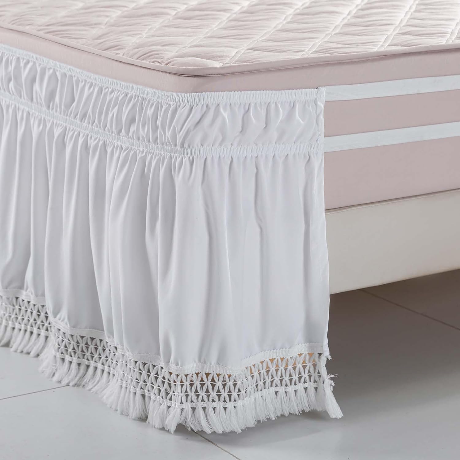 Boho Fringe Bed Skirt 16 Inch Drop, Elastic Dust Ruffle with Adjustable Belts, Easy to Put On, Bed Frame Cover, Machine Washable (Gray,Full)