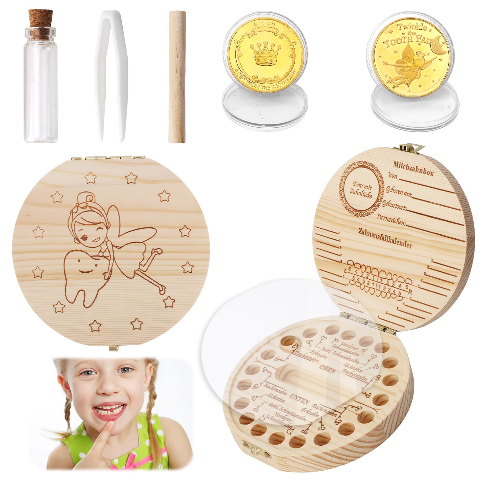 FIDWALL Milchzahndose und Zahnfee-Münzen-Set, Zahndose aus Holz für Mädchen & Jungen, Milchzahndose mit Haarlocken-Aufbewahrung, Zahnfee Münzen als Geschenk für Kinder, Erinnerung an erste Milchzähne