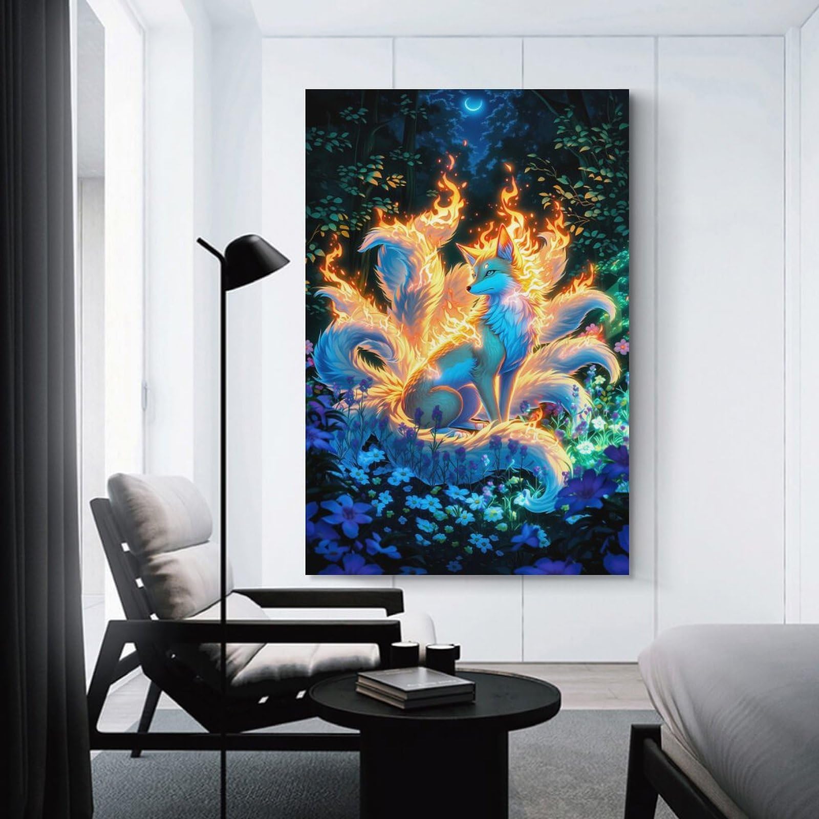 Junmoney Fiery Nine-Tailed Fox in Forest Hanging Wall Art, 20x30inch(50x75cm), for Gallery Wall Decor And Room Displays, Home Wall Art for Statement Displays