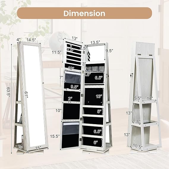 GOFLAME 360 Rotating Jewelry Armoire, Lockable Jewelry Cabinet with Full-Length Mirror & Inner Makeup Mirror, Standing Jewelry Storage Organizer with Rear Storage Shelves, White