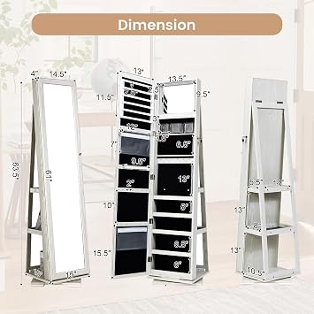 GOFLAME 360 Rotating Jewelry Armoire, Lockable Jewelry Cabinet with Full-Length Mirror & Inner Makeup Mirror, Standing Jewelry Storage Organizer with Rear Storage Shelves, White