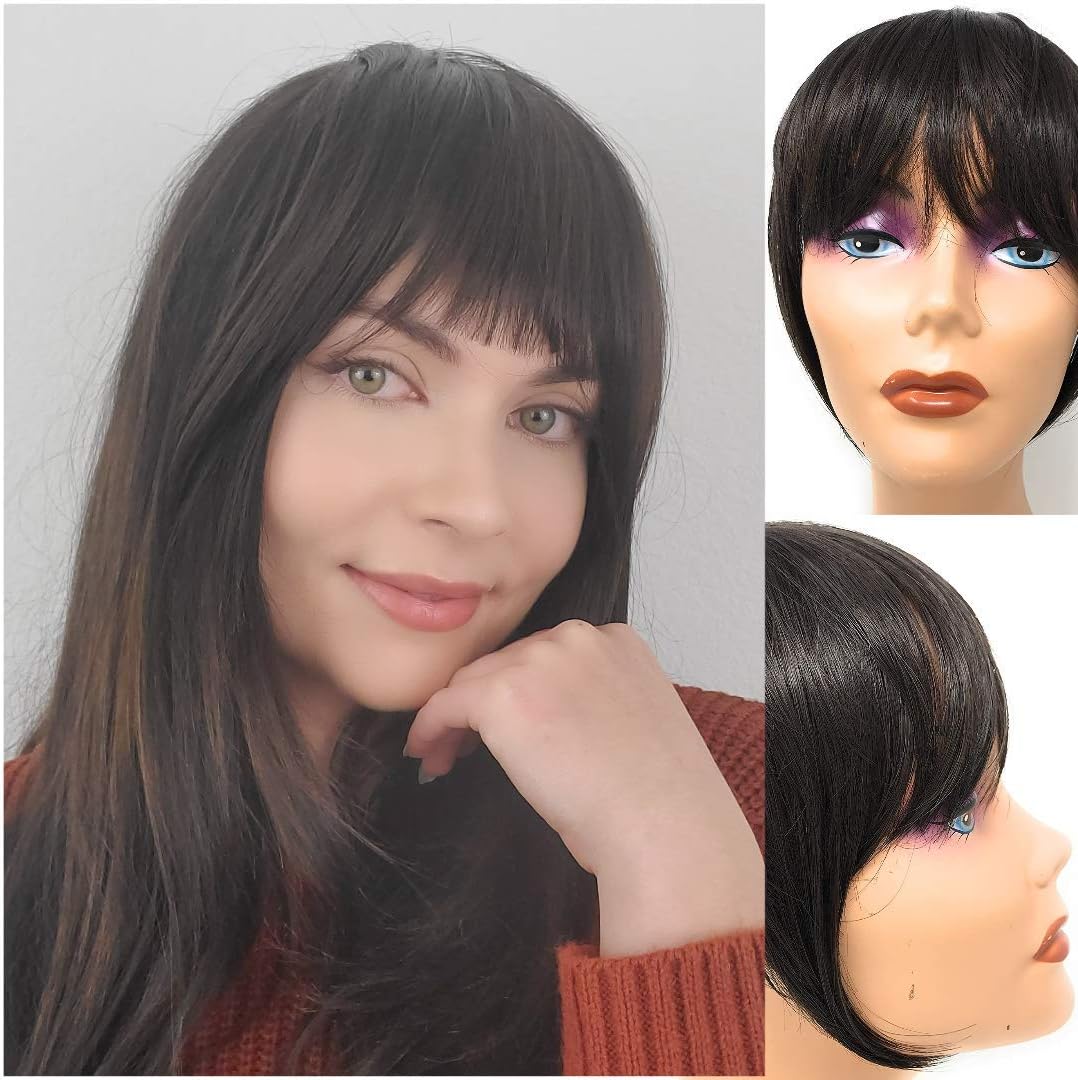 Clip in Bangs Dark Brown - Synthetic Hair Bang Extensions, Realistic & Attractive Air Fringe Clip On Bangs Fake Hair Bangs with Temples for Women (#4)