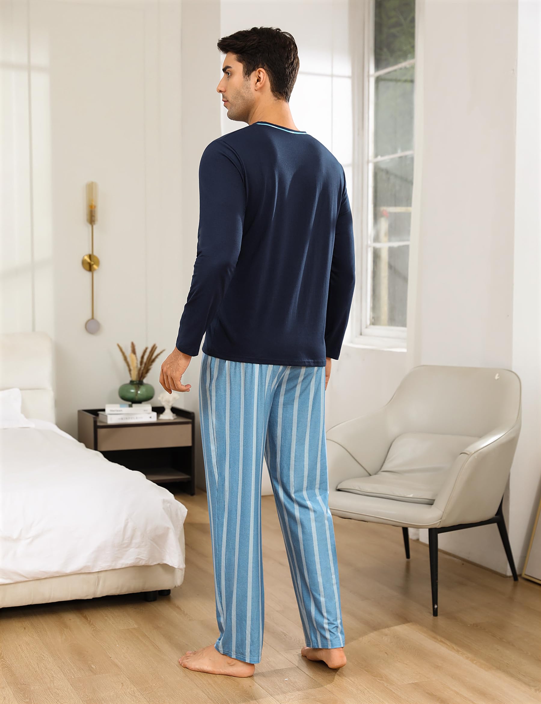 Demegimi Pijama Hombre Invierno Algodón Rayas Pijamas de Manga Larga para Hombres Conjuntos de Pijama de 2 Piezas Ropa de Dormir Cuello en V y Pantalones Largos Suaves