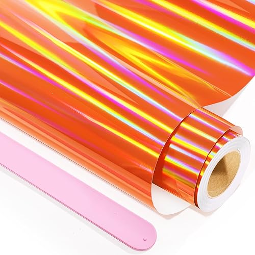 GIRAFVINYL Rollo de vinilo adhesivo permanente holográfico color naranja brillante arcoíris de 12 pulgadas x 30 pies, vinilo naranja artesanal para