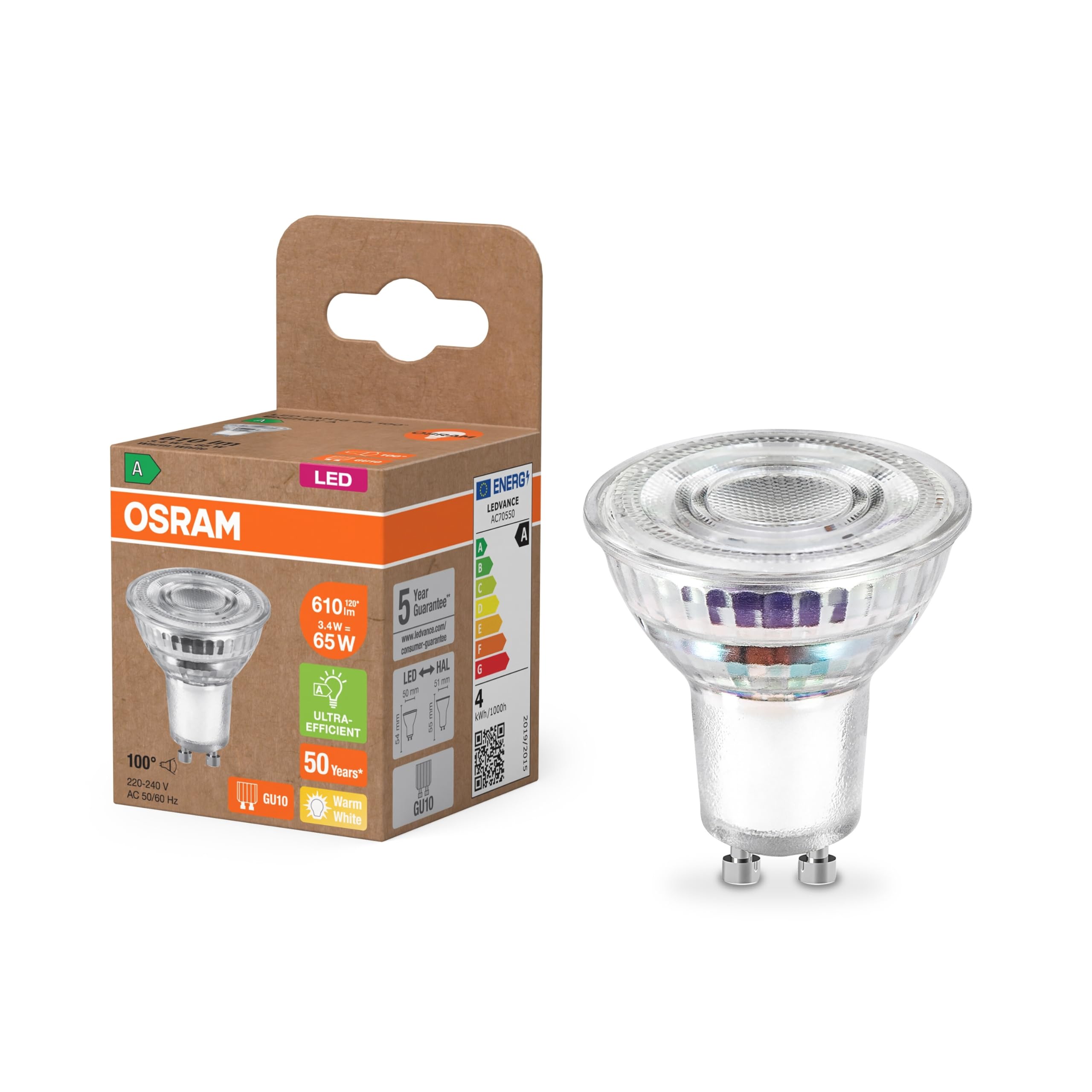 Osram Led Bulb Par16 Reflector Gu10 3.4W 100° 2,700K