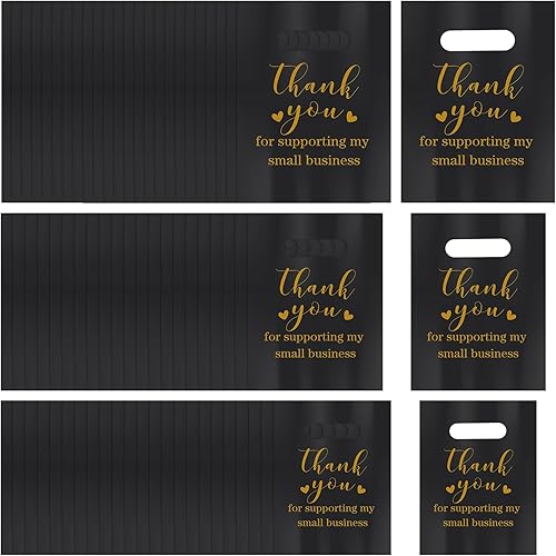 Miniatura 7 de Abbylike 300 bolsas negras de mercancía de agradecimiento con asas troqueladas, bolsas de compras de plástico a granel, 3 tamaños, bolsas de regalo