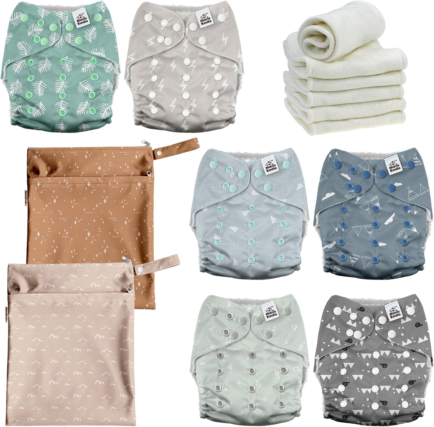 Mama Koala 3.0 Baby Cloth Diapers with 6 Inserts Bundle, with 2 Pack Reusable Wet Dry Bag
