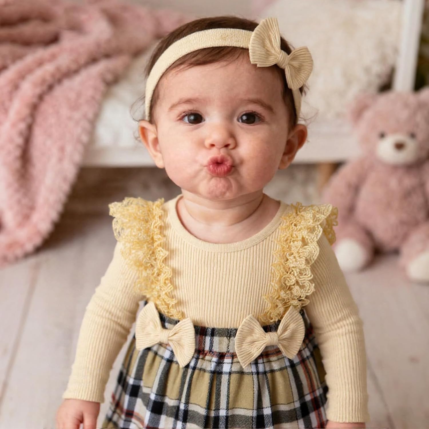 ChuYuKu Newborn Baby Girl Fall Plaid Romper Dress with Headband Toddler Winter Longe Sleeve Lace Outfit Clothes 0-18M - Image 5