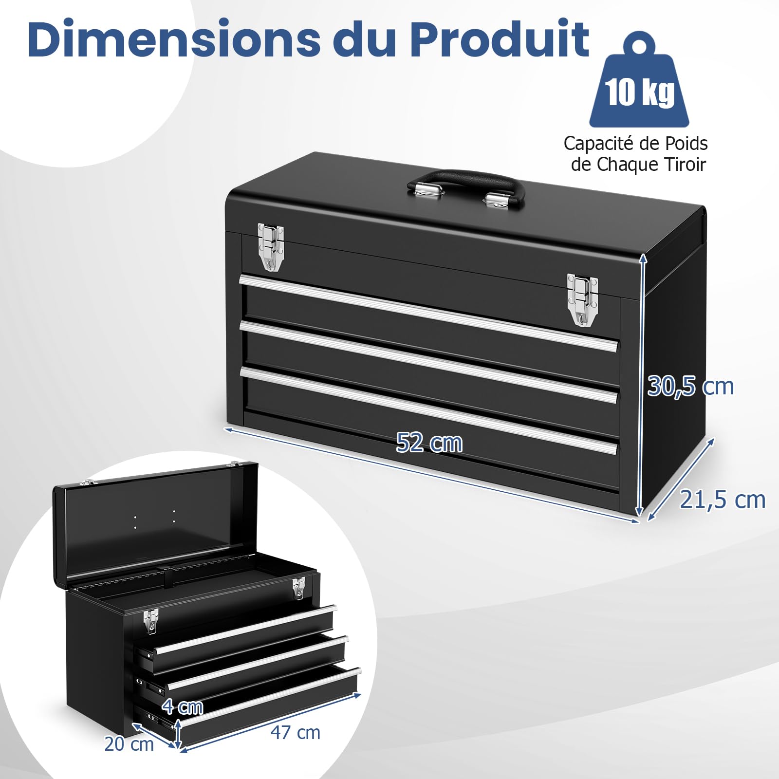 GYMAX Boîte à Outils en Métal avec 3 Tiroirs et Plateau Supérieur | Caisse à Rangeme Portable, 2 Loquets de Sécurité, Doublures en EVA et Glissières à Roulements à Billes, Poignée de Transport