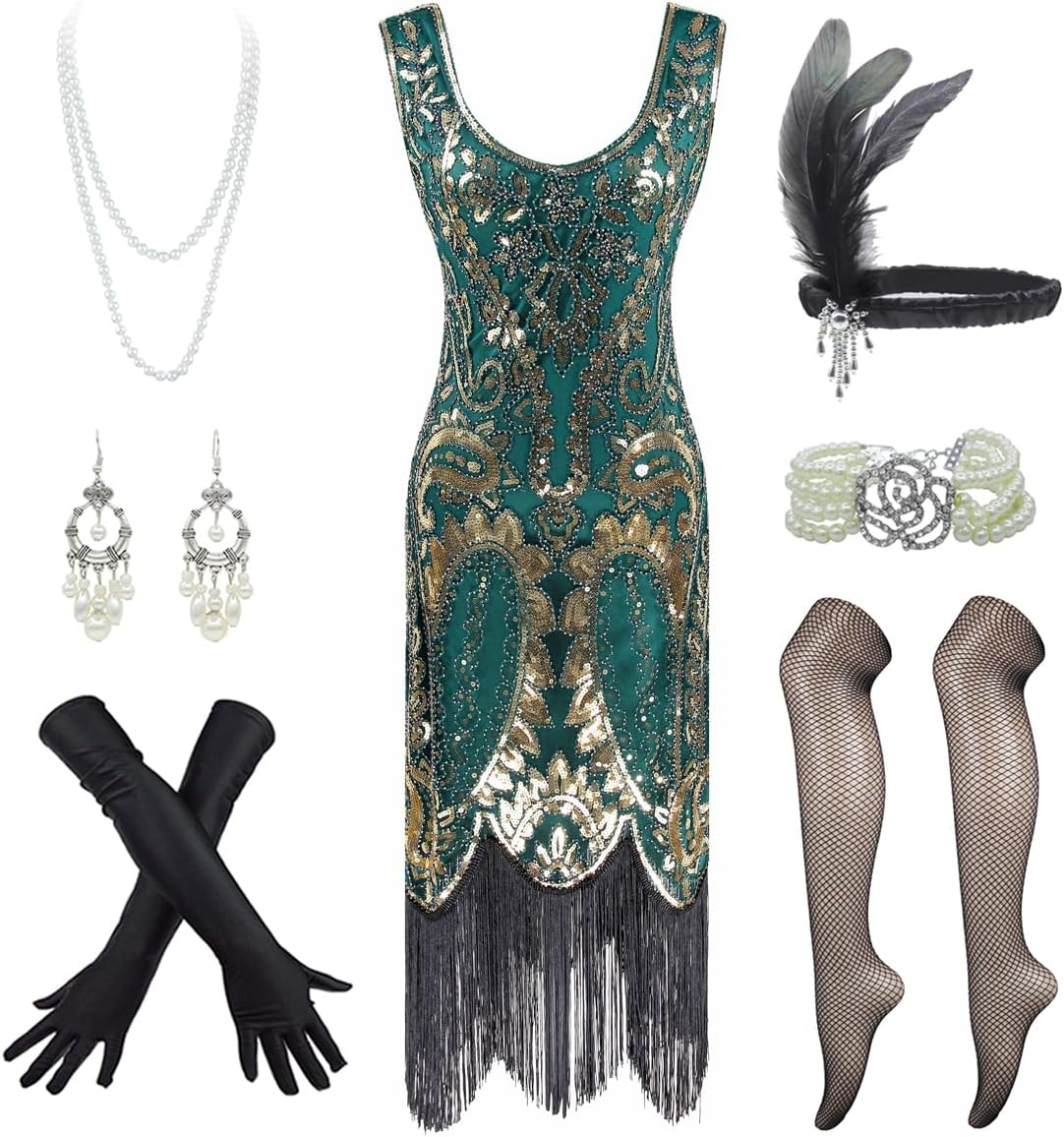 Fancy ClothingWomen's Flapper Dress Sequin Cocktail 1920s Gatsby Dress w/Accessories Set
