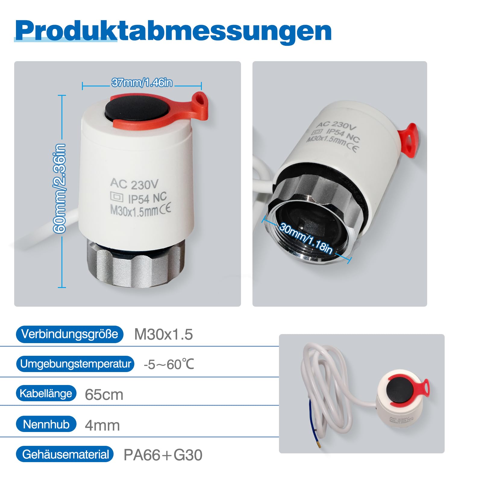 Termostat elektromagnetyczny ogrzewanie podłogowe 230 V M30 x 1,5 NC (zamknięty bez prądu), silnik regulacji VA80 do ogrzewania podłogowego(12)