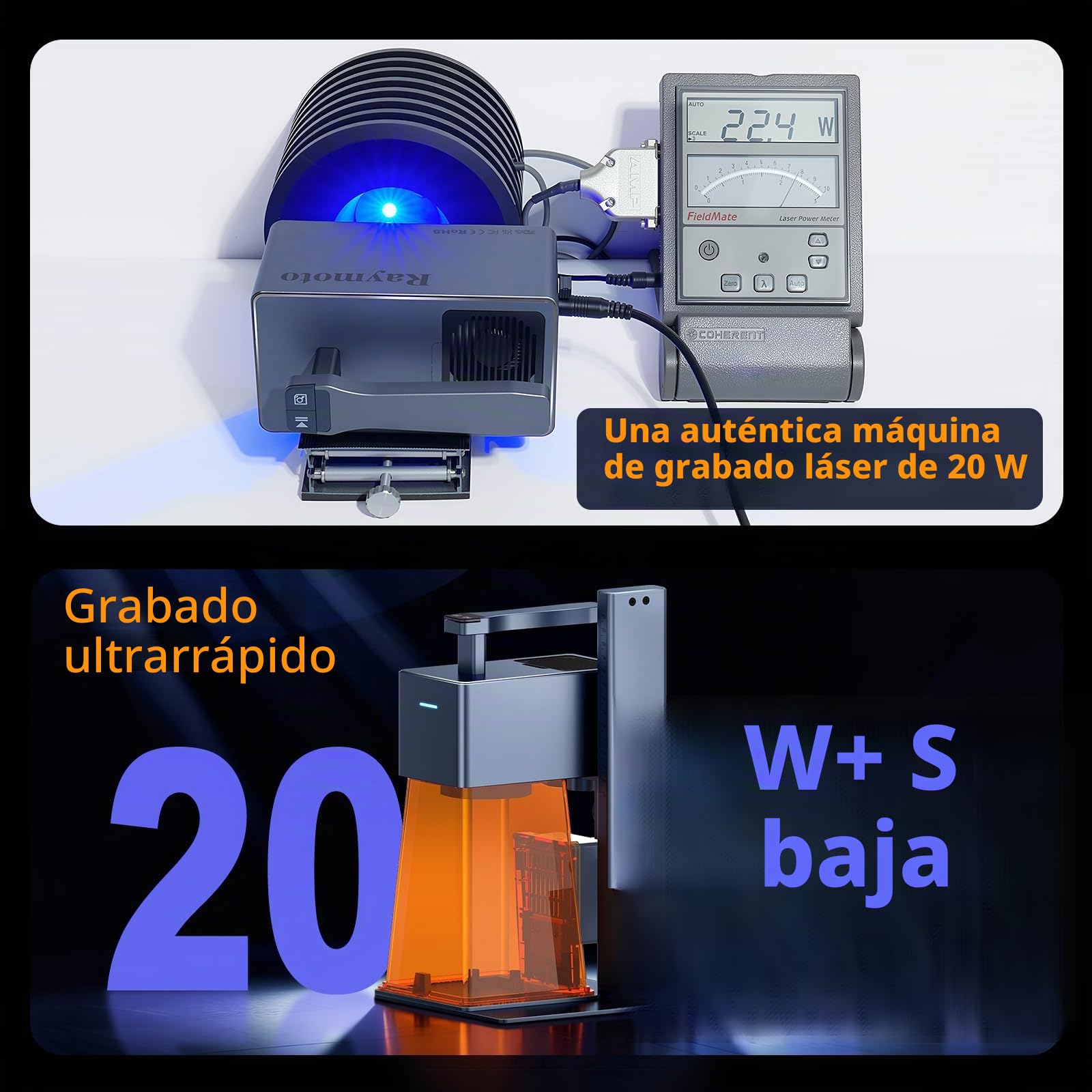 Máquina de grabado láser Raymoto R1 PRO de 20 W, grabadora láser compacta y portátil,resolución de alta precisión de 0,08 mm,velocidad de grabado de 120000 mm/min.Capaz de grabar madera contrachapada