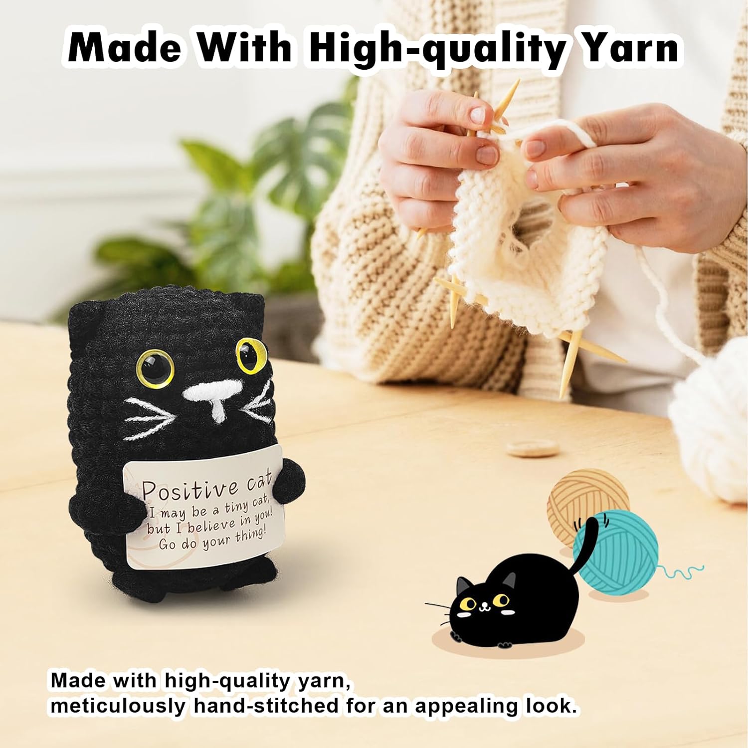 Valentine's Day Gifts for Her Him, Pawsitive Crochet Black Cat, Funny Handmade Mini Emotional Support Cat for Girlfriend Boyfriend, Cute Desk Decor, Anniversary Cheer Up Gift, Basket Filler - Image 5