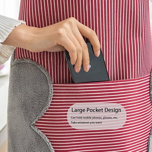 Miniatura 8 de V-shine Delantal de cocina para mujer con bolsillos para limpiar las manos, cuello ajustable para cocinar, hornear, con bolsillos