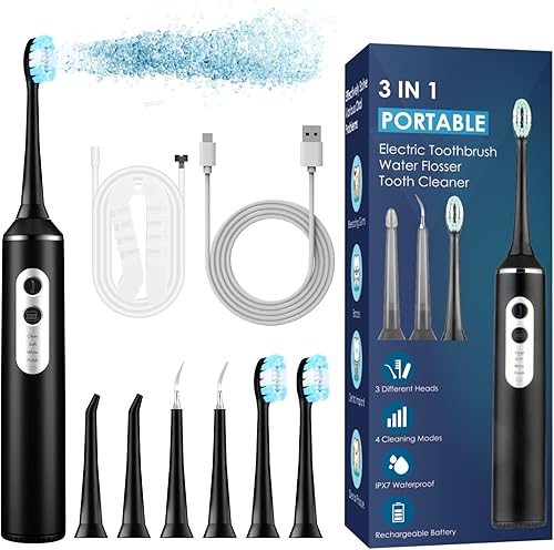Cepillo de dientes eléctrico con hilo dental de agua, cepillo de dientes ultrasónico 3 en 1, irrigador oral dental y limpiador de dientes con 4