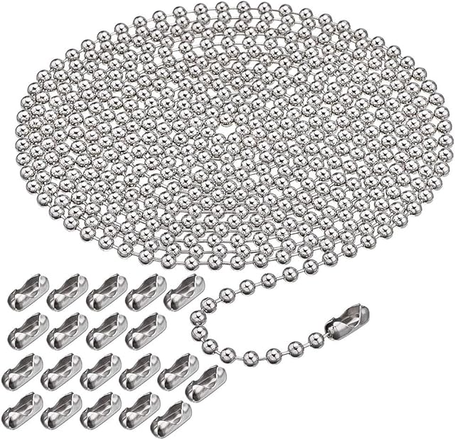 16.4 Feet Ball Bead Chain, Metal Roller Blind Beaded Pull Chain Extension with Connector Beaded Ball Roller Chain Keychain with 20 Matching Connectors (4.5 mm, Silver