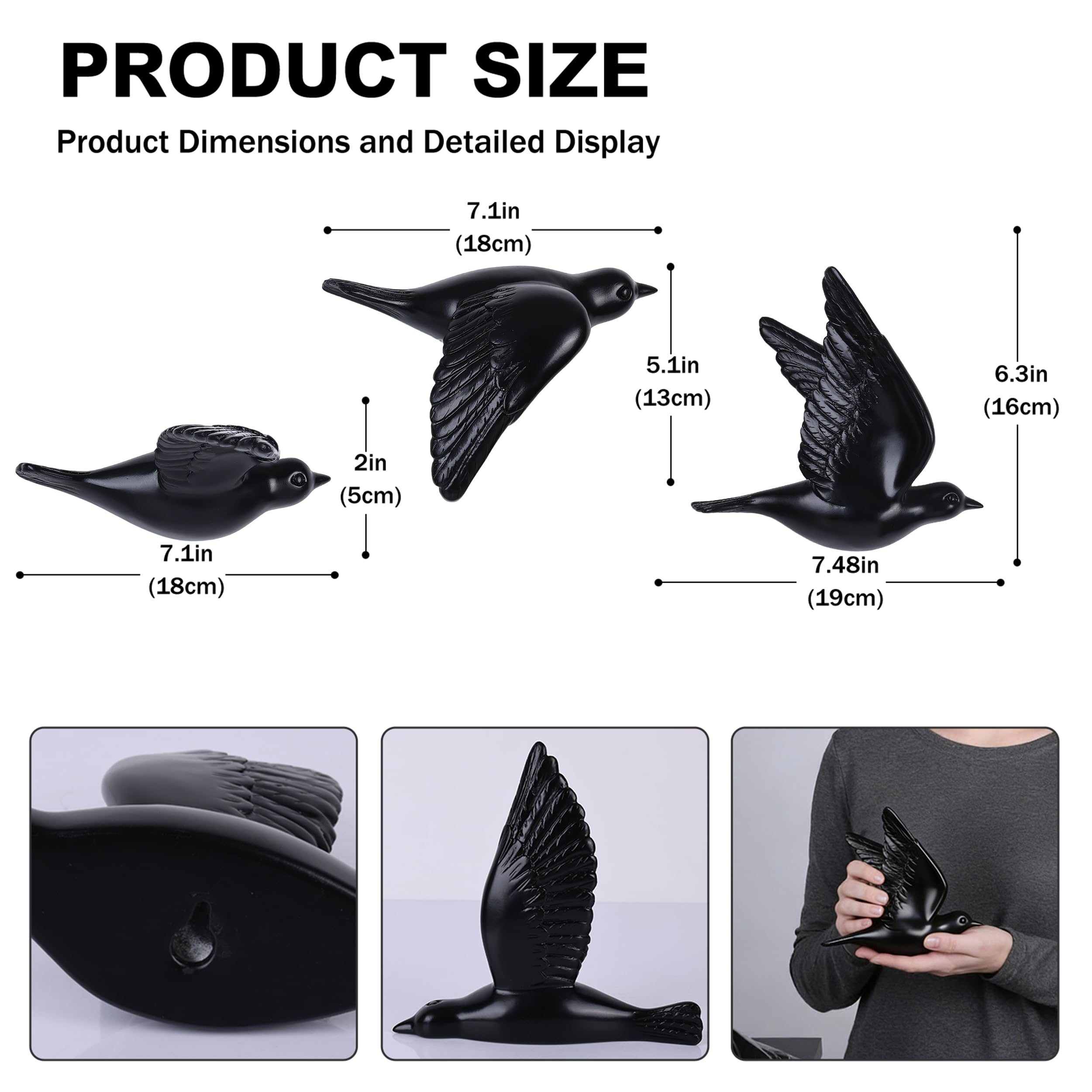 suruim Vogel-Wandskulpturen, 3-teiliges 3D-Wandkunst-Dekor für Wohnzimmer (Schwarz)