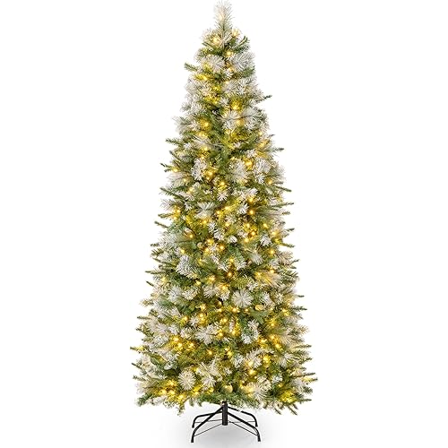 Goplus 6ft Pre-Lit Pencil Christmas Tree, Artificial Hinged Xmas Tree with 580 Flocked Frosted Tips, 280 Warm-White LED Lights, Metal Stand, Fake Slim Christmas Trees for Office Home Decoration
