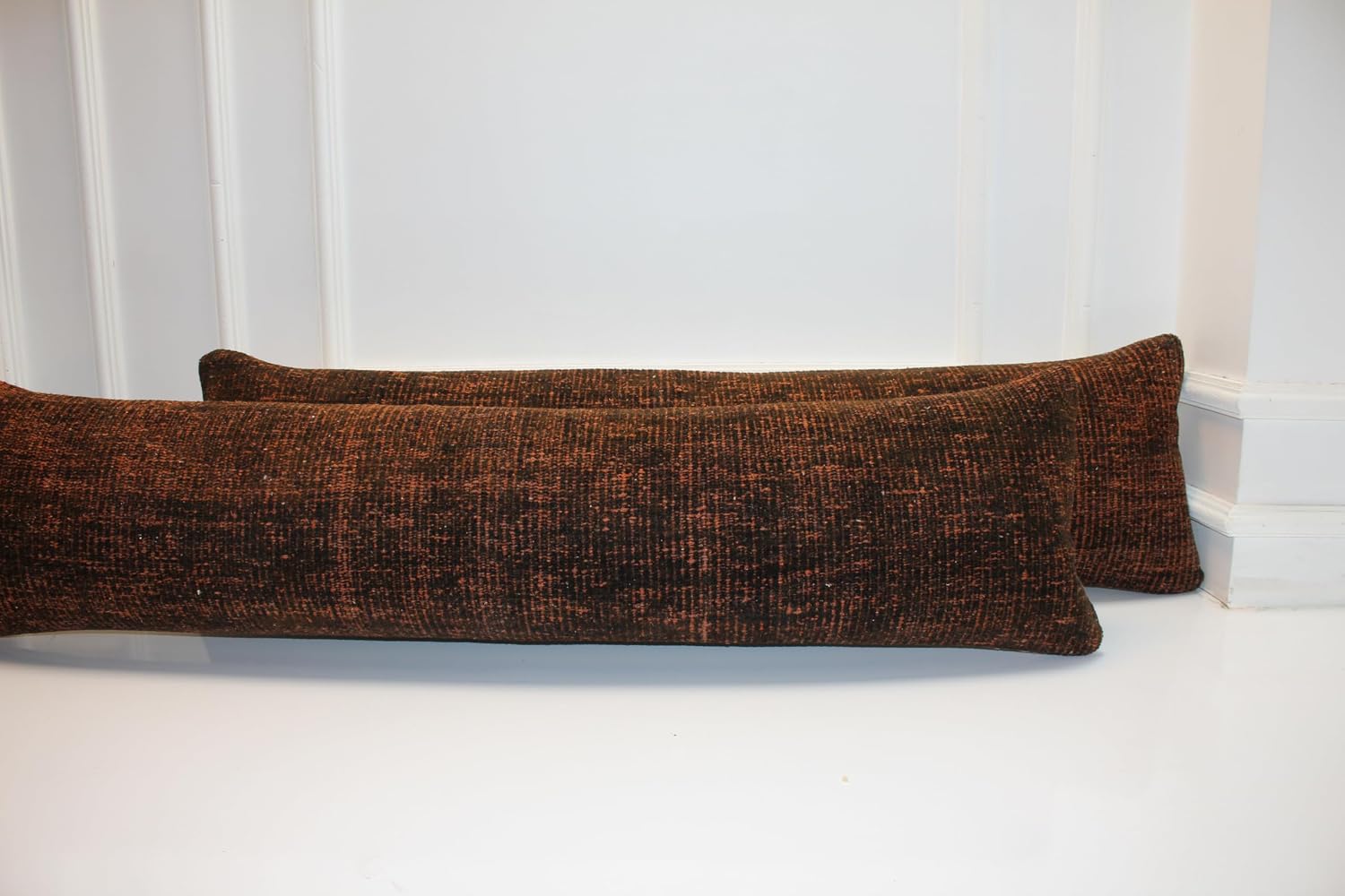 Set of 2-Burnt Copper Bench Pillow Set 12x48, Rich Textured Vintage Textile Duo