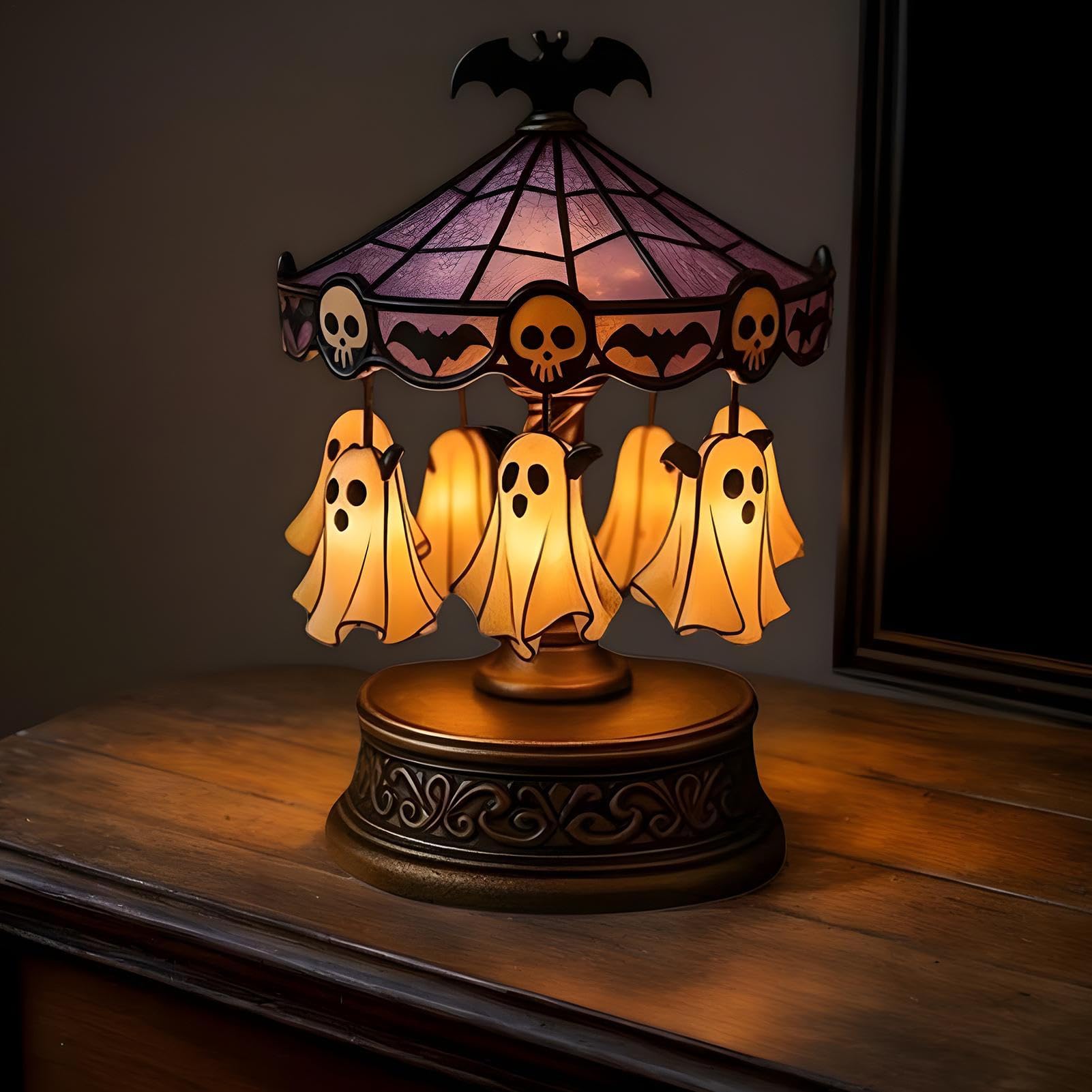 Geisterkarussell Lampe - Leuchtende Halloween Deko Mit Schwebenden Geistern 19x11x19cm