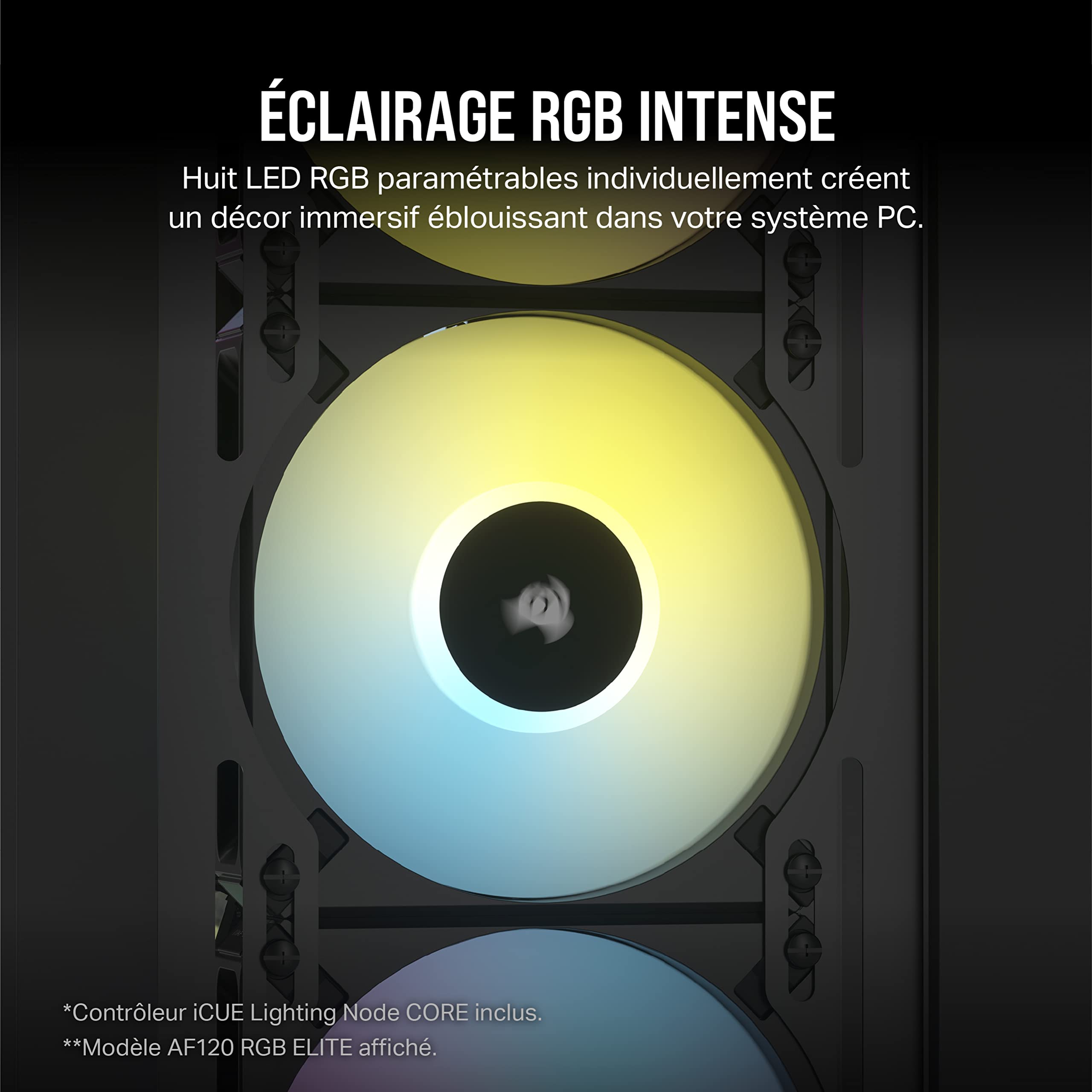 Corsair iCUE AF140 RGB ELITE 140mm PWM Kit de Deux Ventilateurs - Huit LED RGB Par Ventilateur - Technologie AirGuide - Palier Fluid Dynamic - Contrôleur iCUE Lighting Node CORE Inclus - Noir